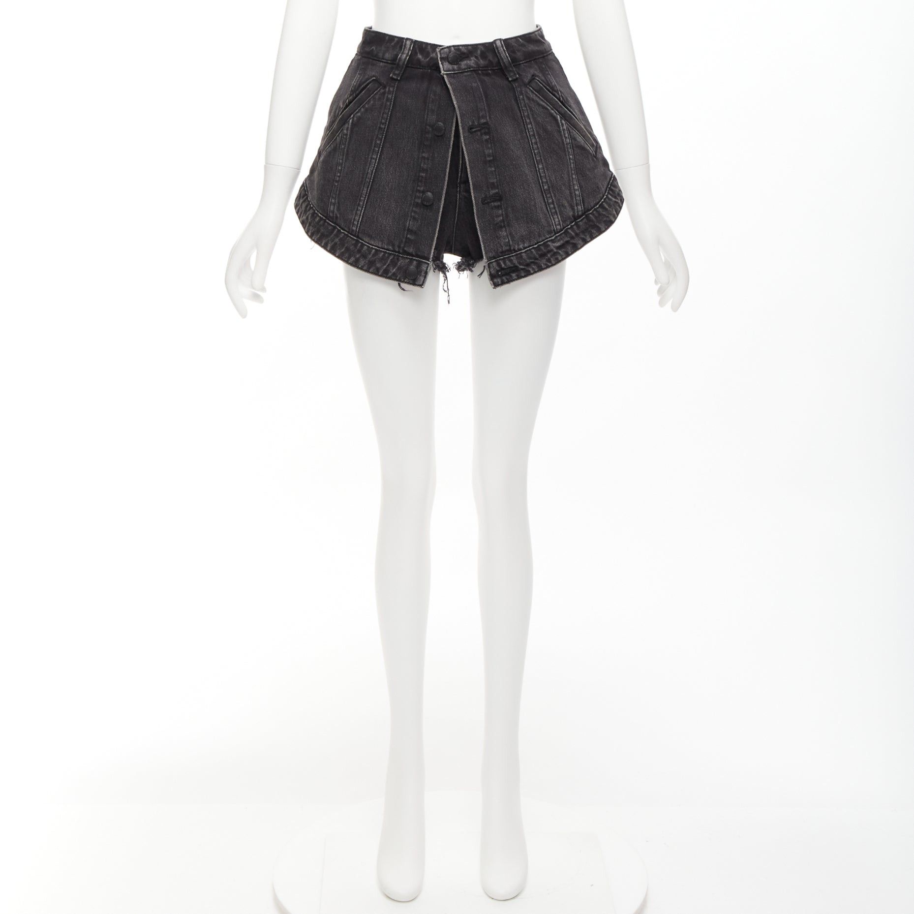 Alexander Wang ALEXANDER WANG black washed cotton layered skort high waist cutaway shorts 25" Size 26" / US 2 / IT 38 - 9 Thumbnail