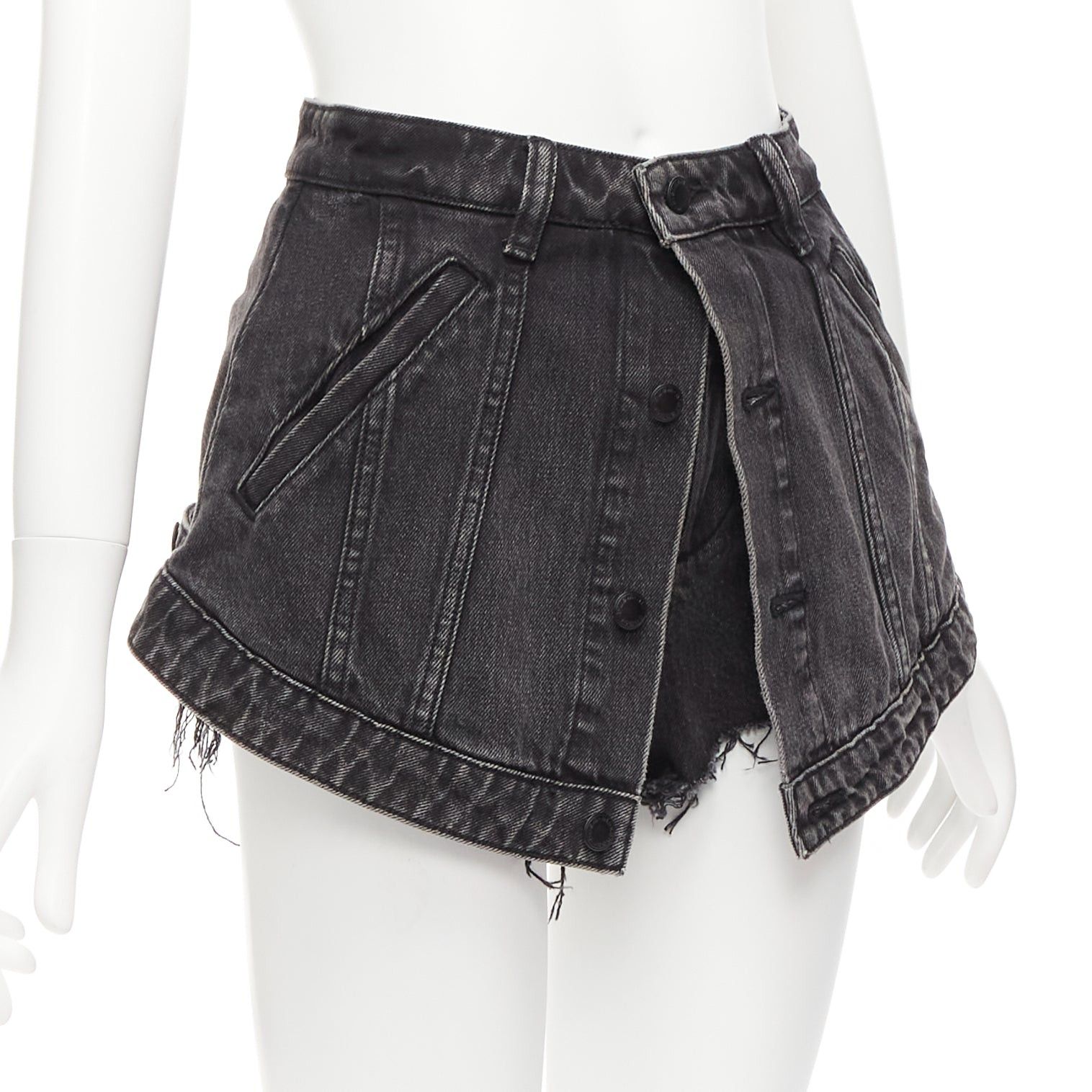 Alexander Wang ALEXANDER WANG black washed cotton layered skort high waist cutaway shorts 25" Size 26" / US 2 / IT 38 - 3 Thumbnail