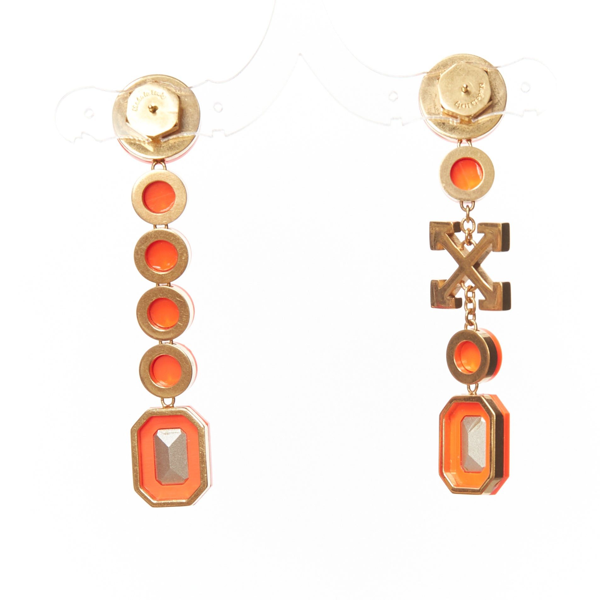 Off-White OFF WHITE neon orange gold logo jewel rhinestone drop pin earrings pair Size ONE SIZE - 3 Thumbnail