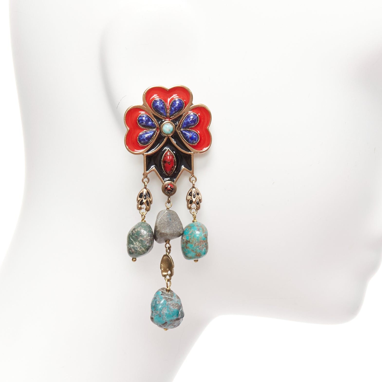Etro ETRO red blue enamel flower drop stone gold drop clip on earrings pair Size ONE SIZE - 4 Thumbnail