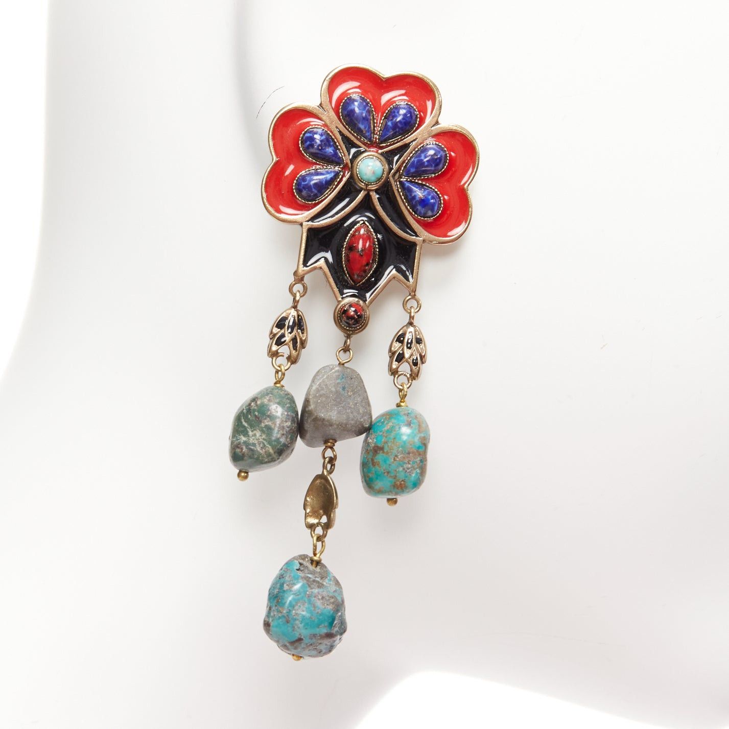 Etro ETRO red blue enamel flower drop stone gold drop clip on earrings pair Size ONE SIZE - 5 Thumbnail