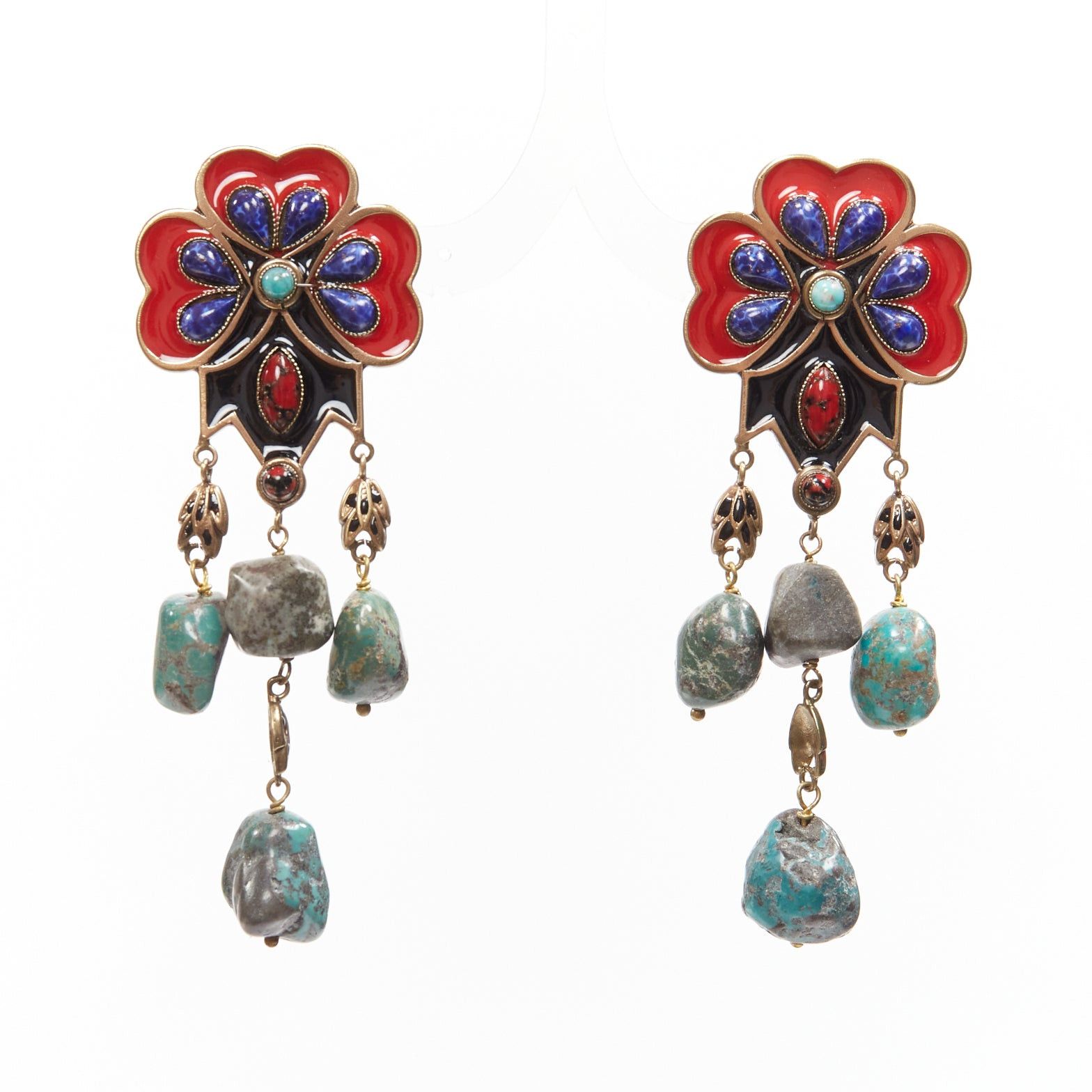 Etro ETRO red blue enamel flower drop stone gold drop clip on earrings pair Size ONE SIZE - 2 Thumbnail