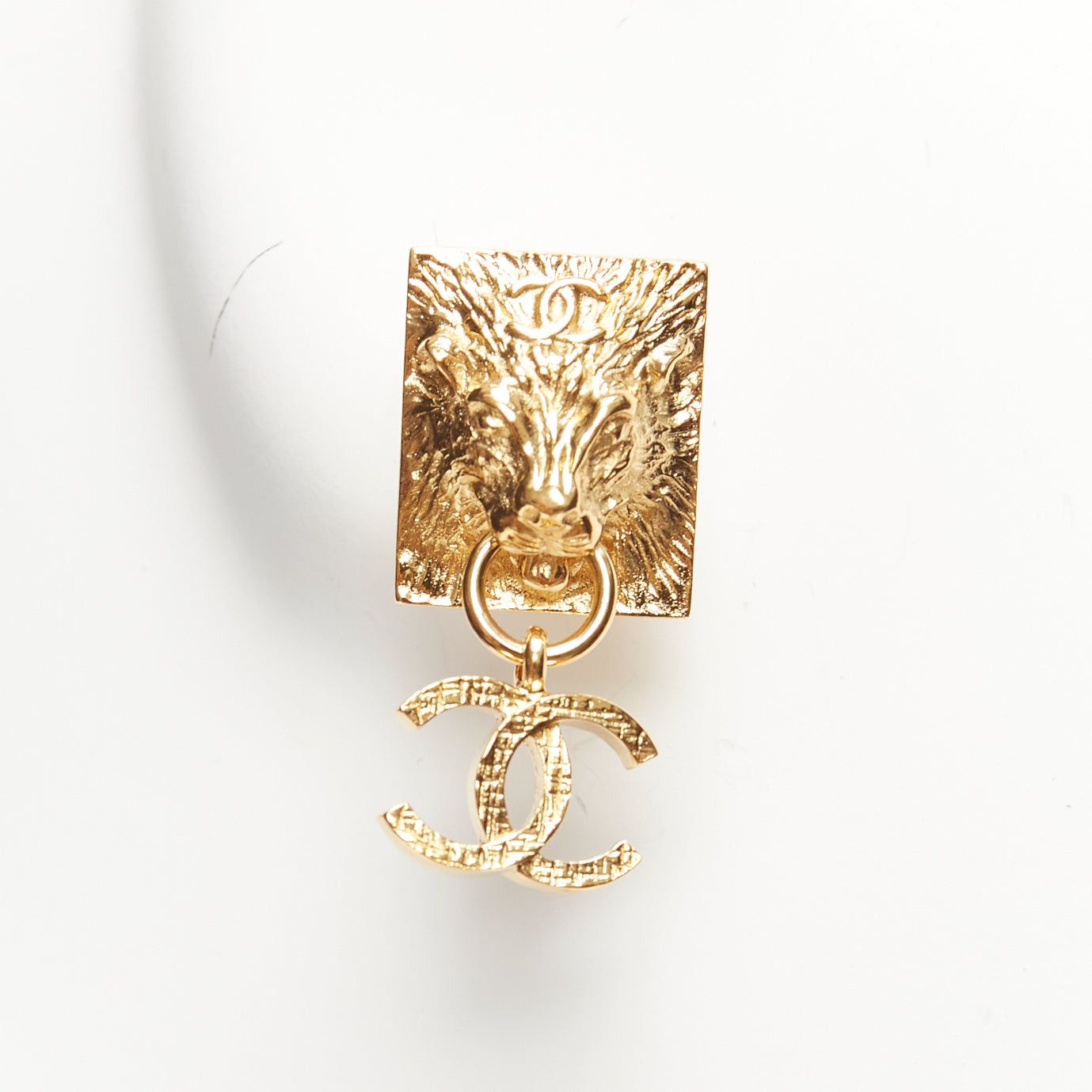 CHANEL G22A gold CC charm Lion Head square stud clip on earrings pair
