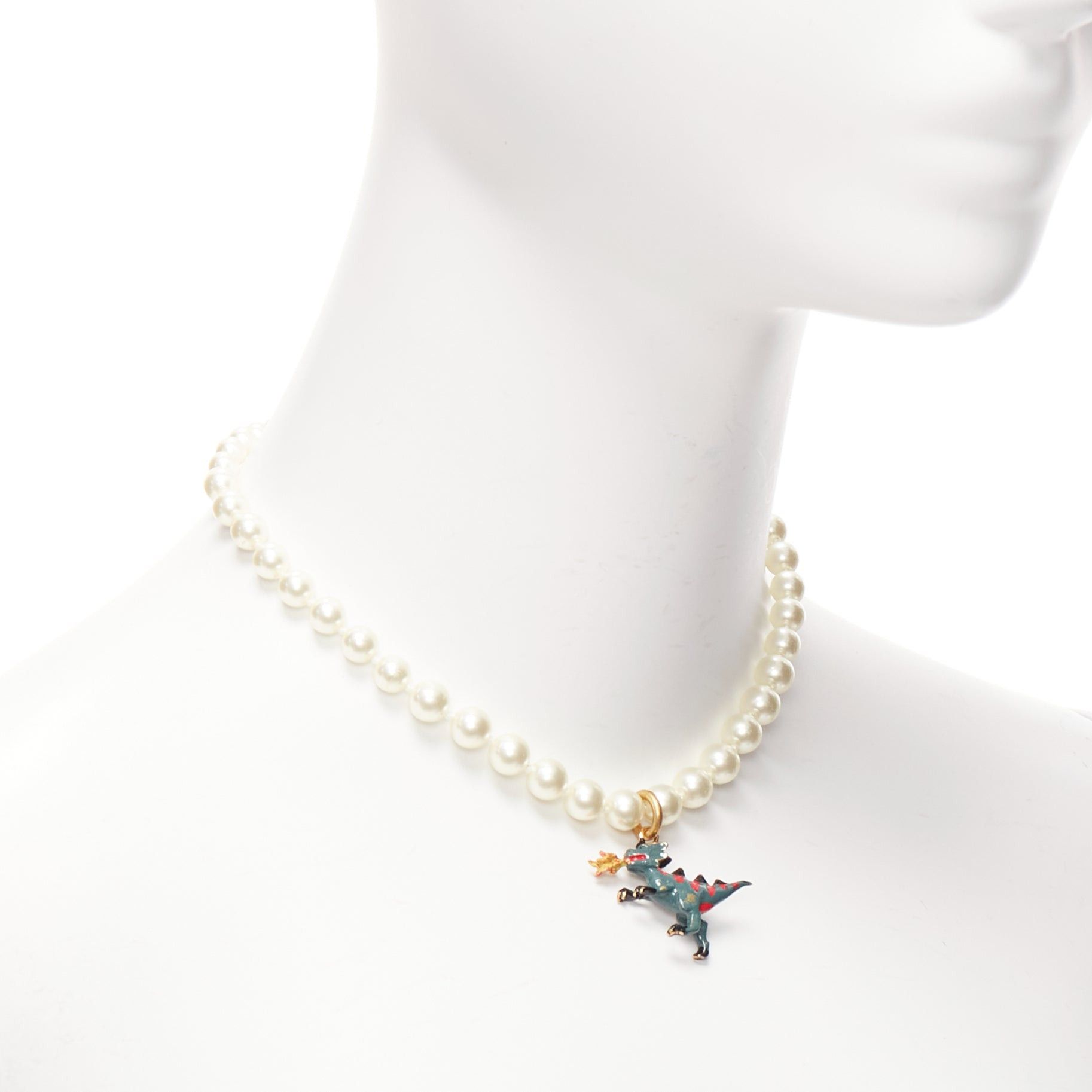 Dior rare DIOR CD logo green fire dinosaur dragon pendant pearl choker necklace Size ONE SIZE - 3 Thumbnail