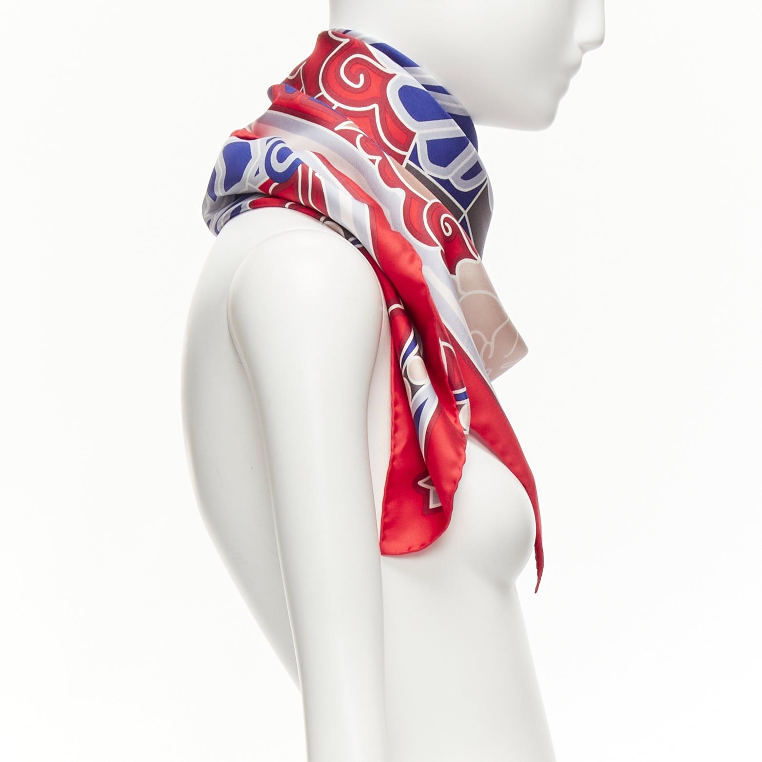 Chanel CHANEL 100% silk red blue lion statue palm trees big square scarf Size ONE SIZE - 4 Thumbnail