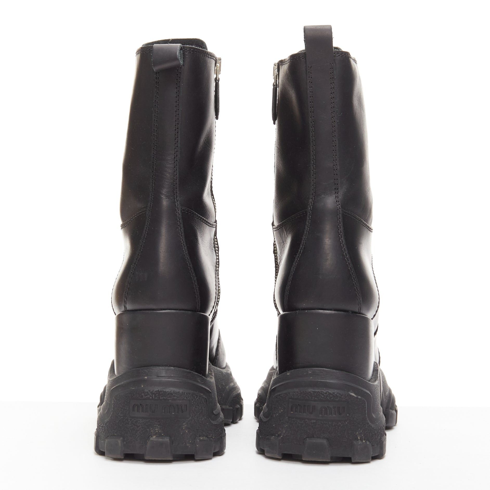 Miu Miu MIU MIU Runway black leather logo lace up chunky wedged military boots EU39 Size US 9 / IT 39 - 5 Thumbnail