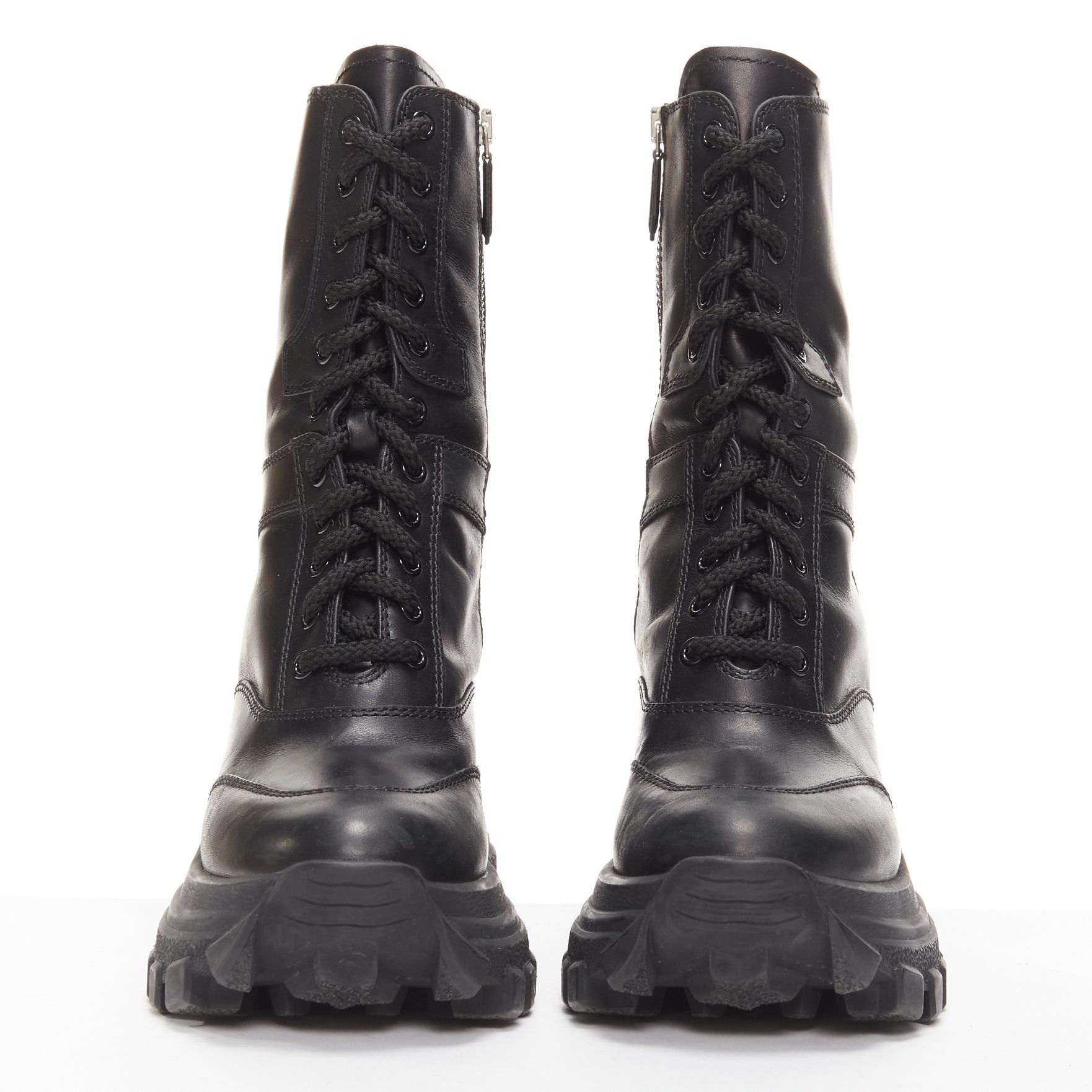 Miu Miu MIU MIU Runway black leather logo lace up chunky wedged military boots EU39 Size US 9 / IT 39 - 3 Thumbnail