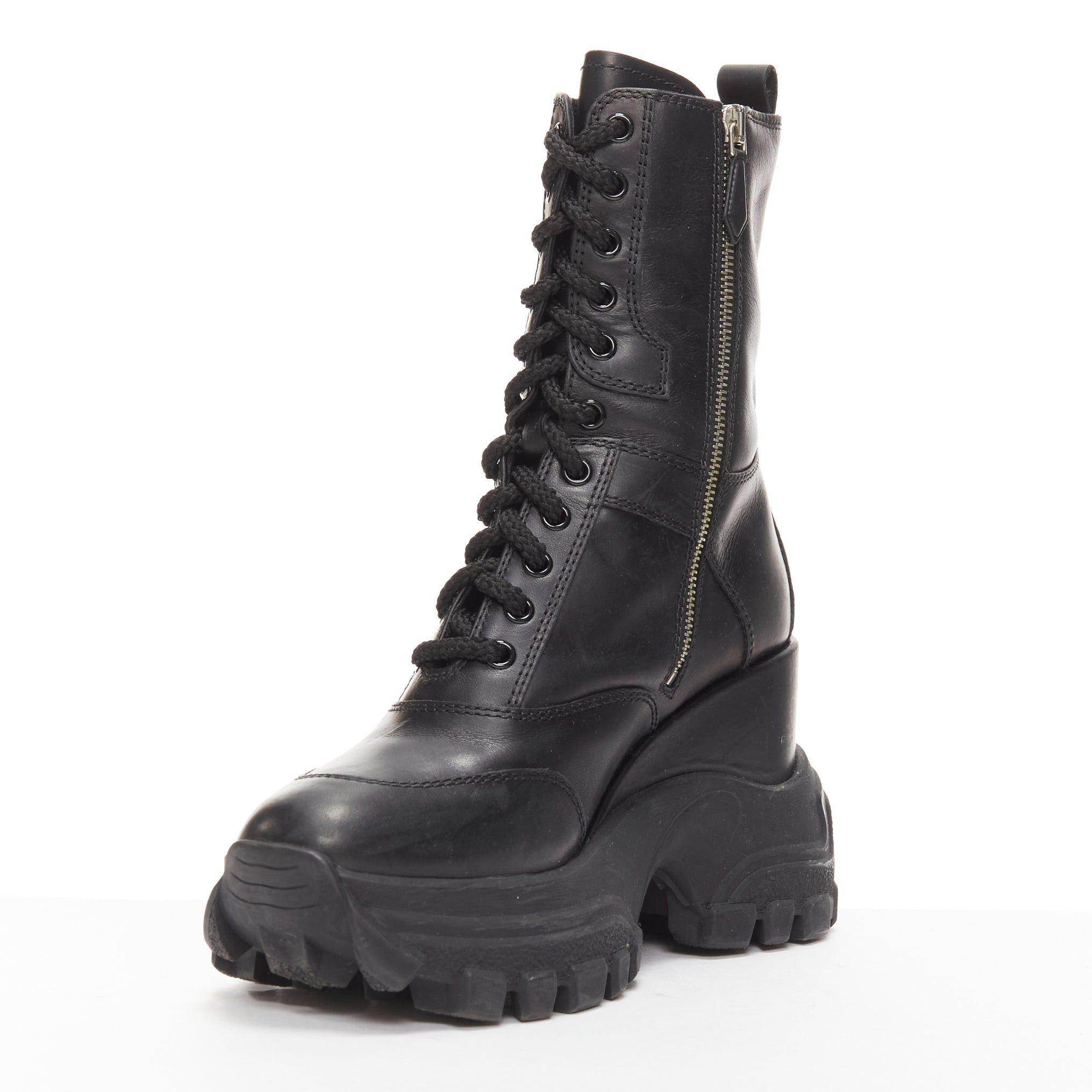 Miu Miu MIU MIU Runway black leather logo lace up chunky wedged military boots EU39 Size US 9 / IT 39 - 4 Thumbnail