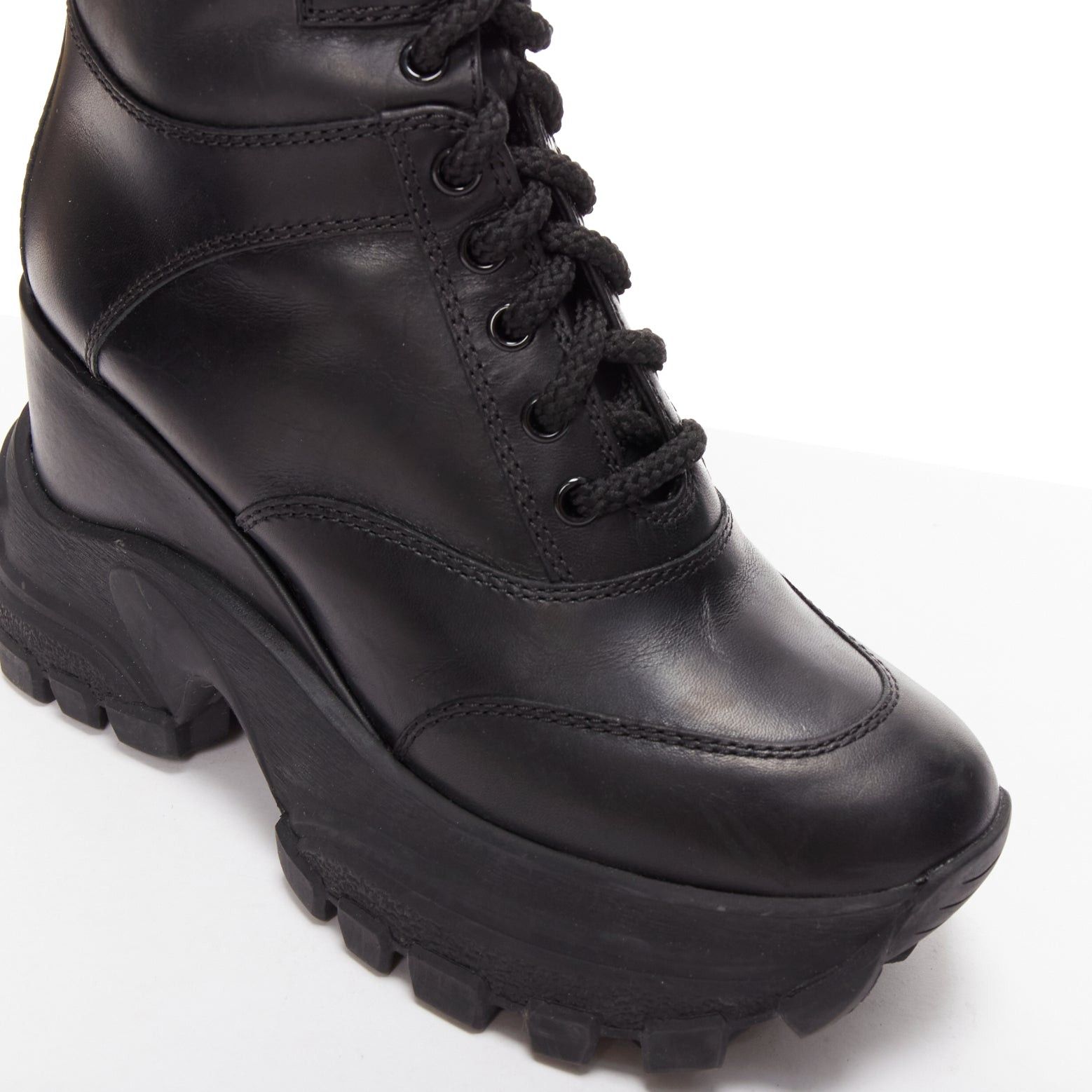 Miu Miu MIU MIU Runway black leather logo lace up chunky wedged military boots EU39 Size US 9 / IT 39 - 7 Thumbnail