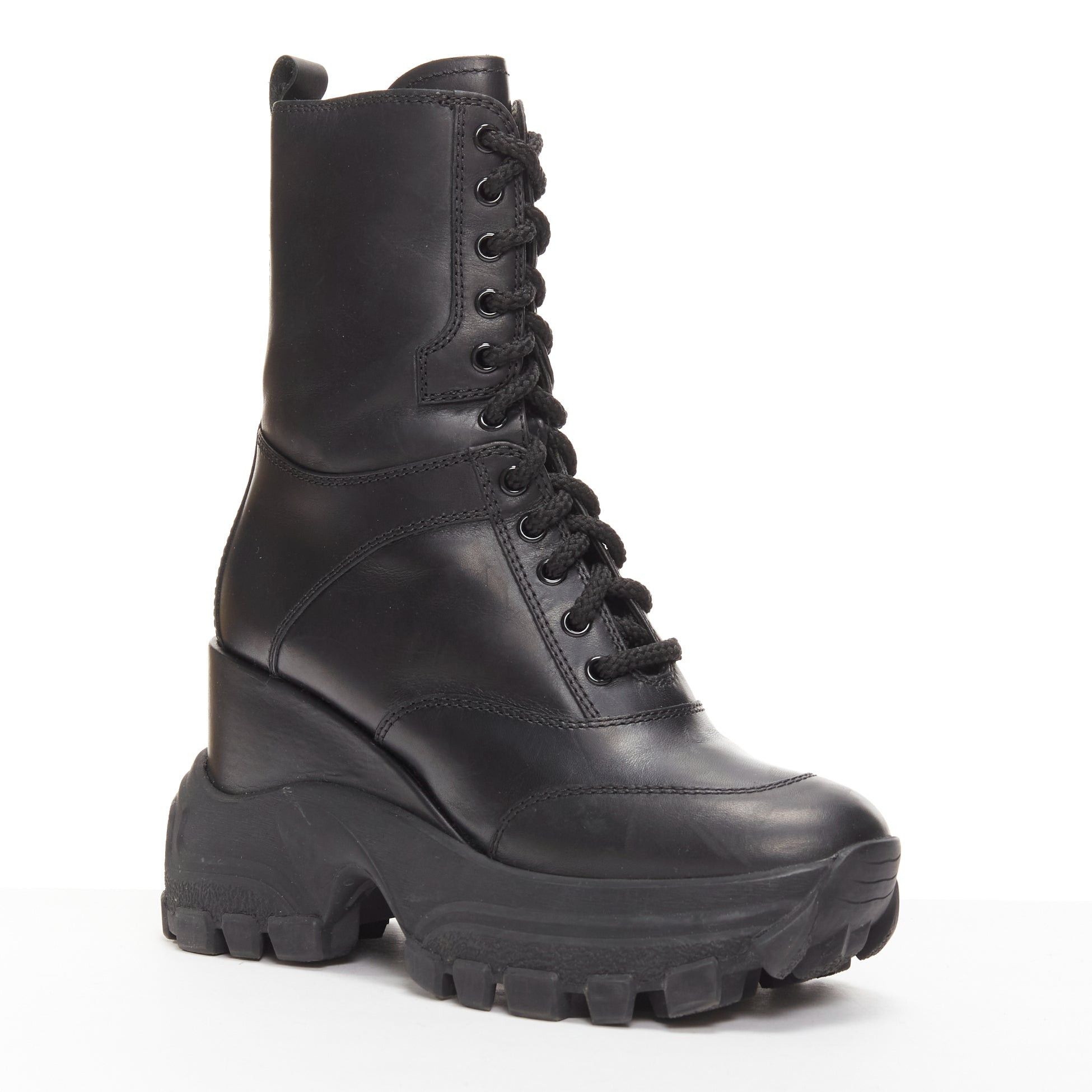 Miu Miu MIU MIU Runway black leather logo lace up chunky wedged military boots EU39 Size US 9 / IT 39 - 2 Thumbnail