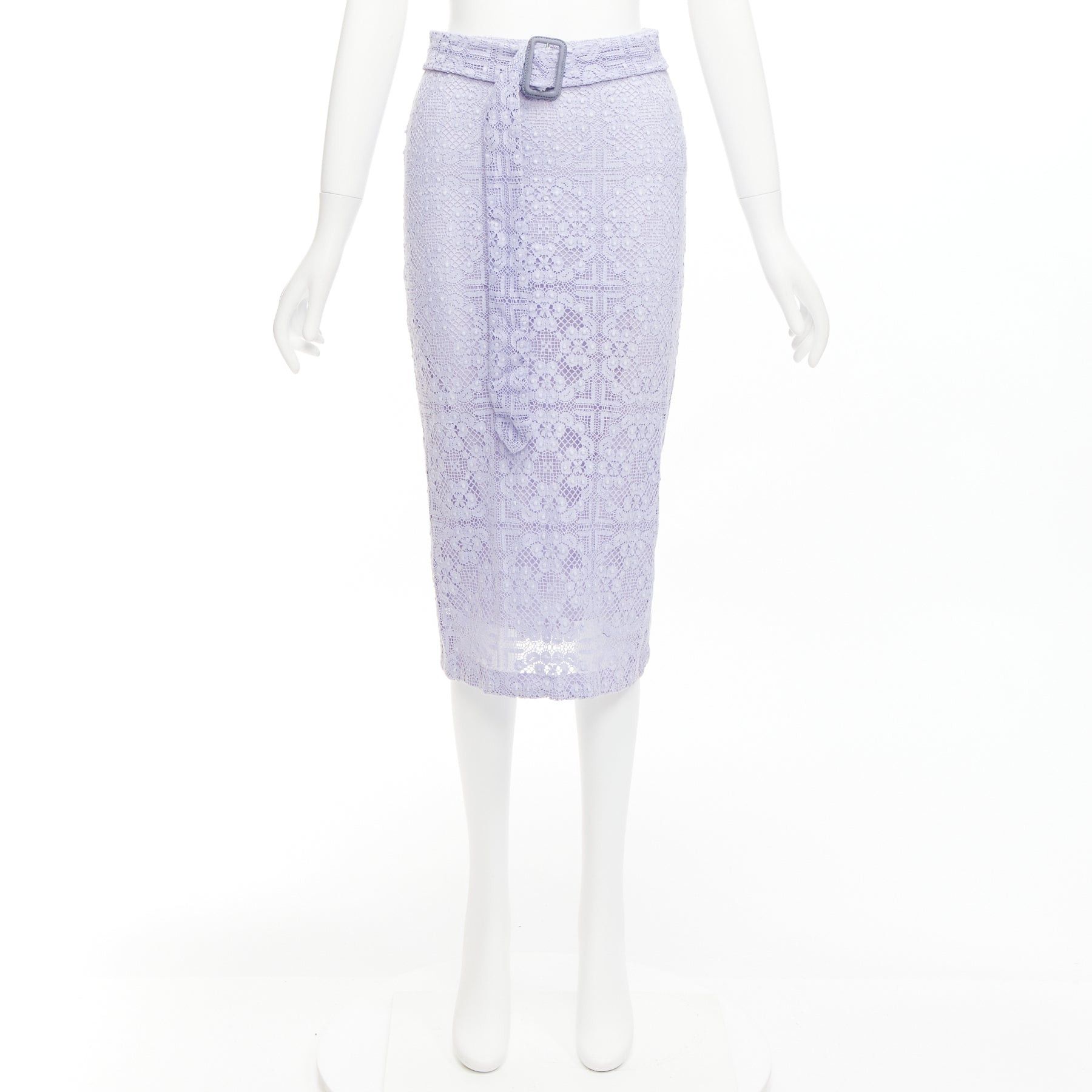 Burberry BURBERRY Runway lilac purple cotton blend lace belted pencil skirt IT36 XXS Size 25" / US 0 / IT 36 - 9 Thumbnail
