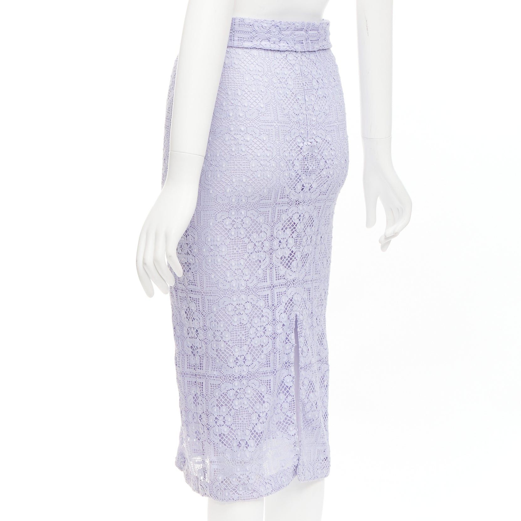 Burberry BURBERRY Runway lilac purple cotton blend lace belted pencil skirt IT36 XXS Size 25" / US 0 / IT 36 - 6 Thumbnail