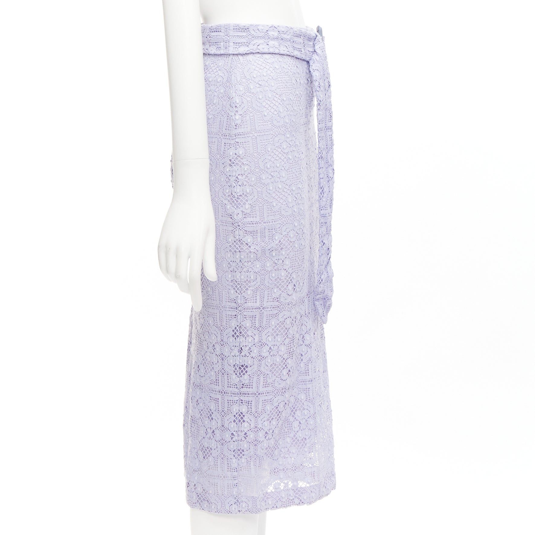 Burberry BURBERRY Runway lilac purple cotton blend lace belted pencil skirt IT36 XXS Size 25" / US 0 / IT 36 - 4 Thumbnail