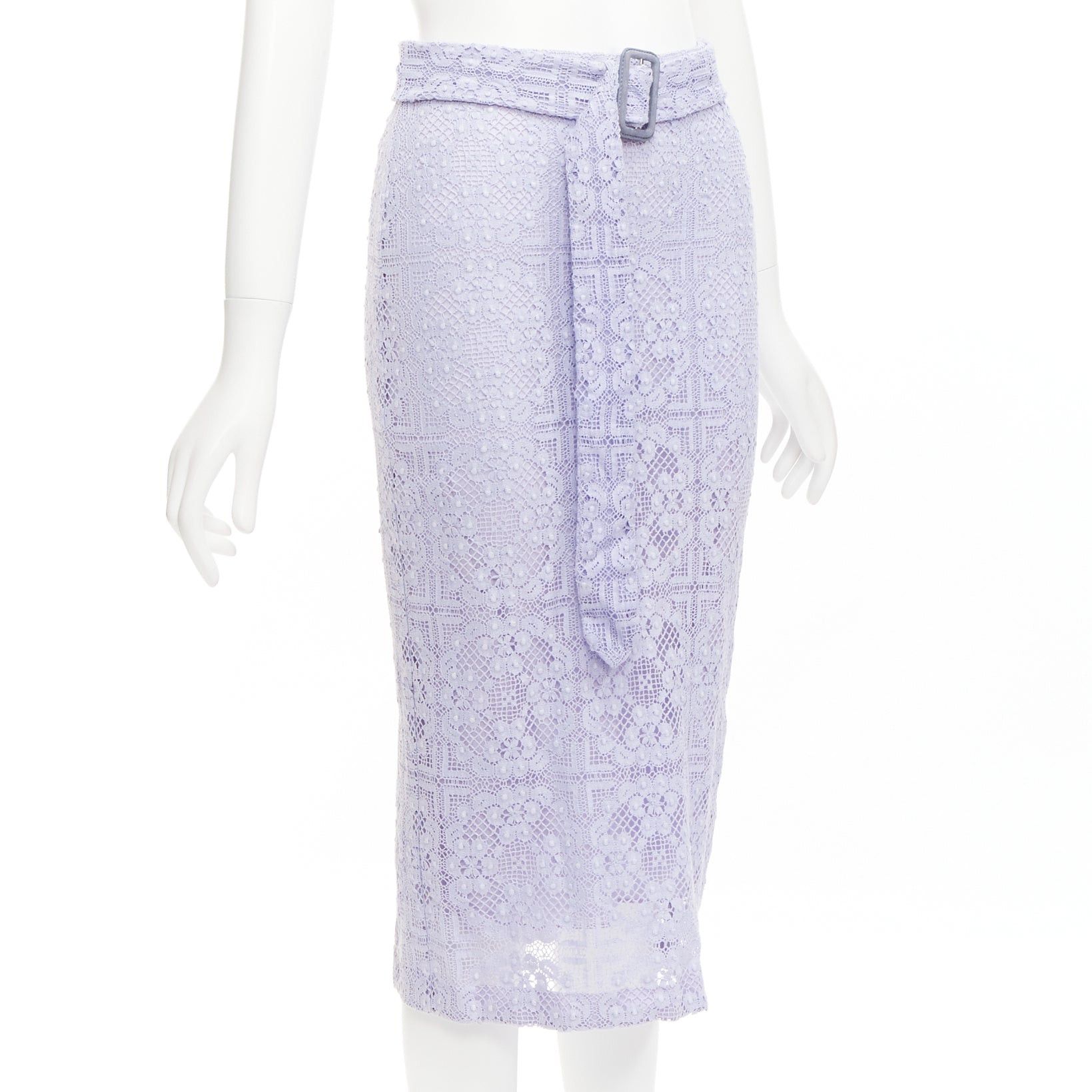 Burberry BURBERRY Runway lilac purple cotton blend lace belted pencil skirt IT36 XXS Size 25" / US 0 / IT 36 - 3 Thumbnail