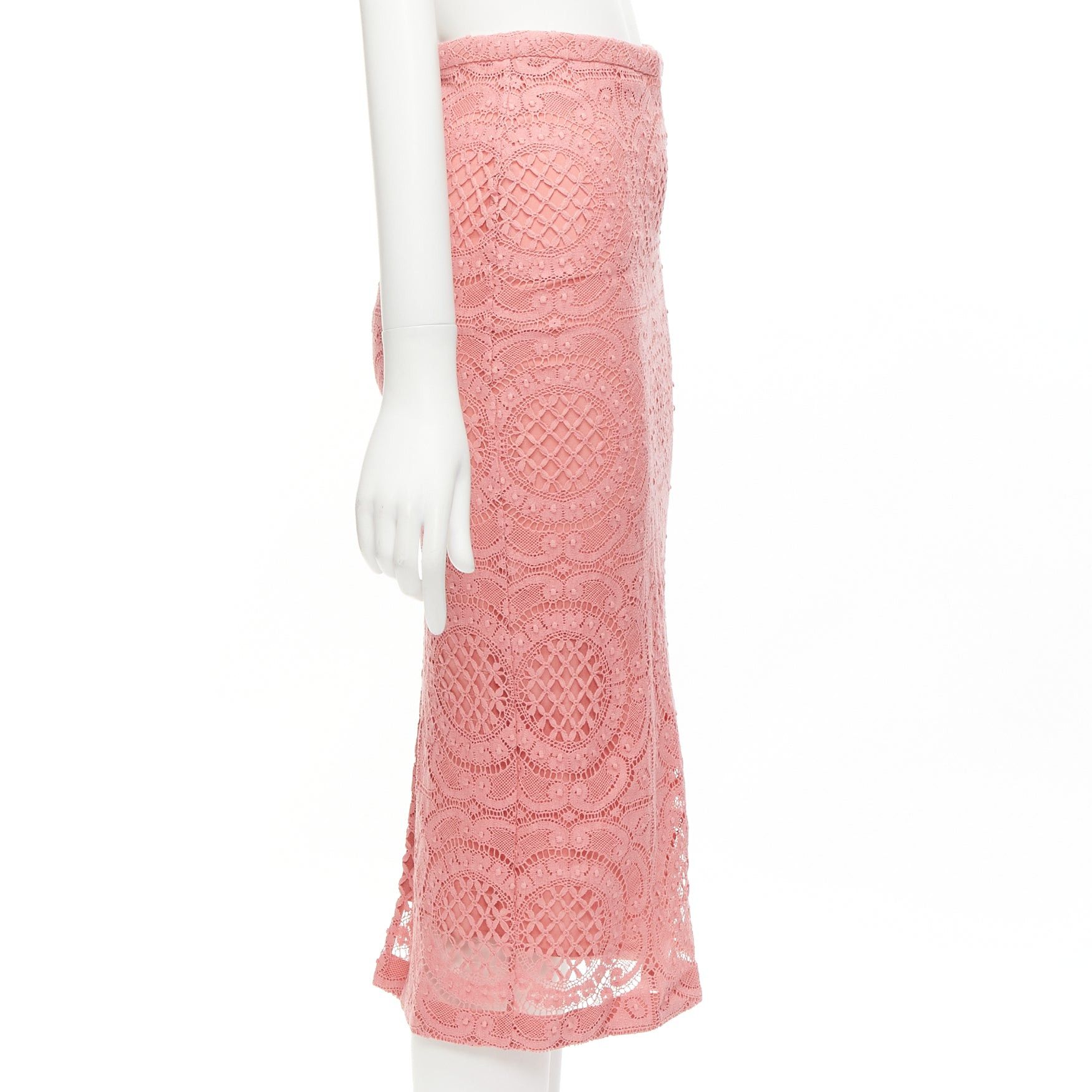 Burberry BURBERRY Runway pink cotton blend floral lace high waisted pencil skirt IT36 XXS Size 25" / US 0 / IT 36 - 4 Thumbnail
