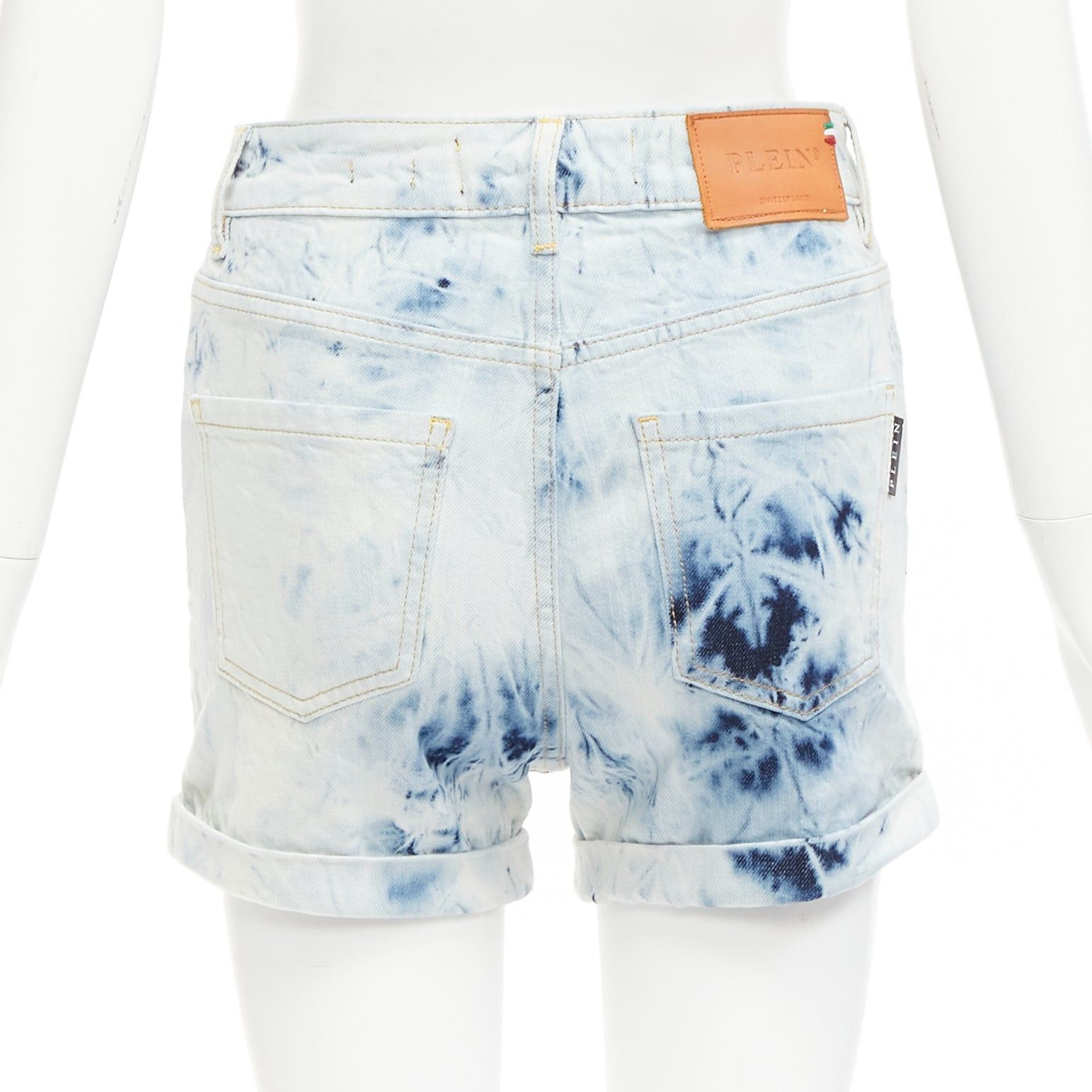 Philipp Plein PHILLIP PLEIN Hot Pants blue acid washed logo tag cuffed shorts 25" Size 26" / US 2 / IT 38 - 5 Thumbnail