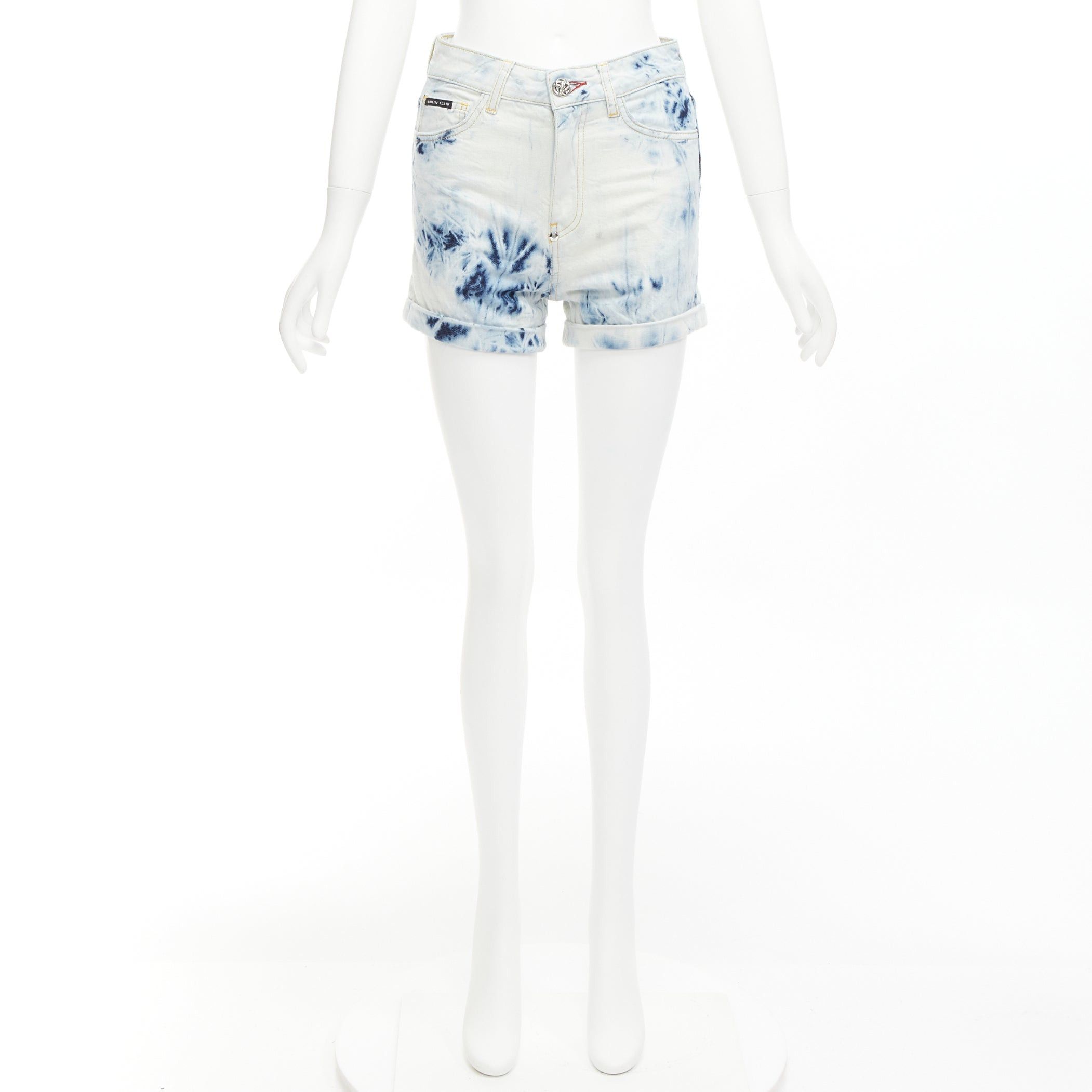 Philipp Plein PHILLIP PLEIN Hot Pants blue acid washed logo tag cuffed shorts 25" Size 26" / US 2 / IT 38 - 9 Thumbnail