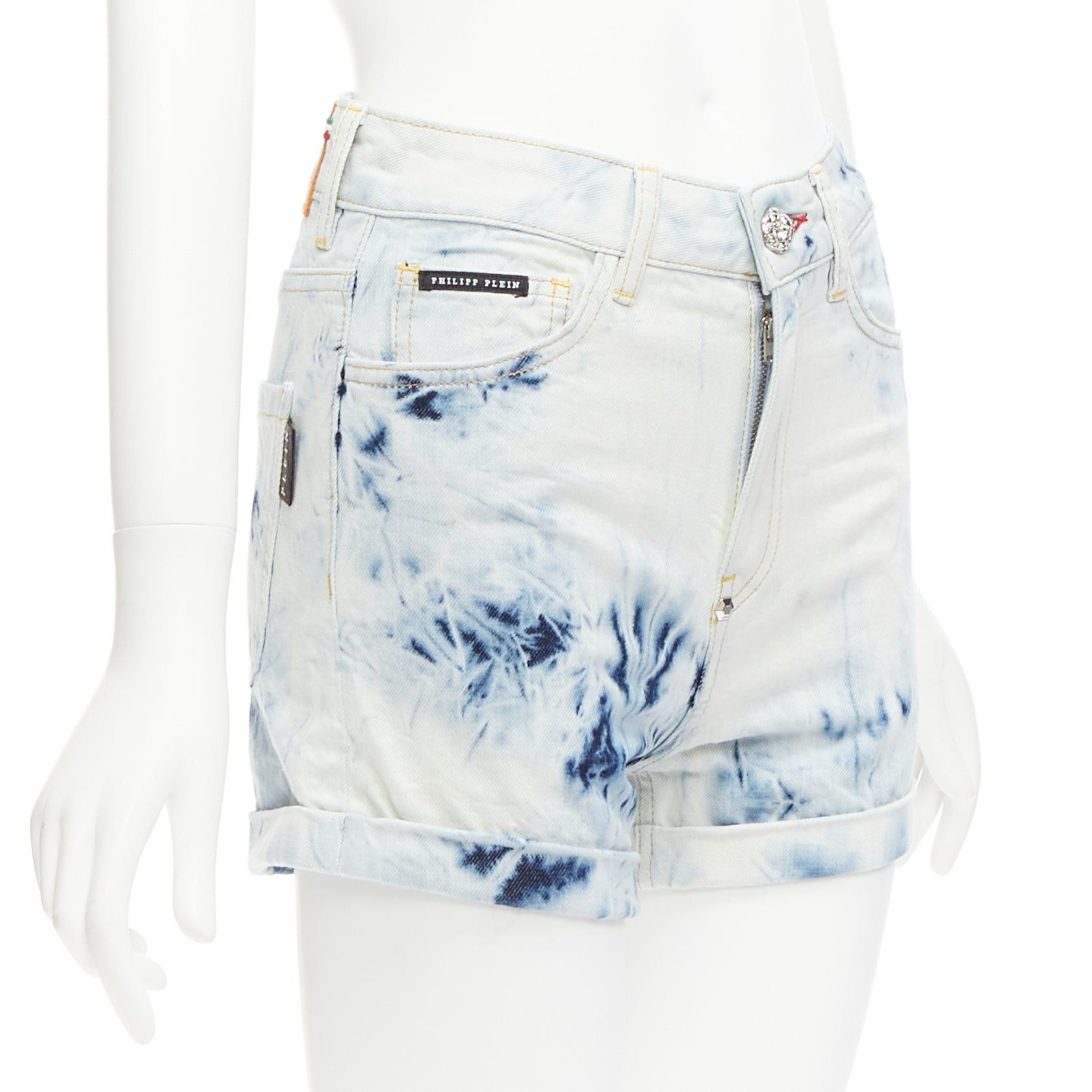 Philipp Plein PHILLIP PLEIN Hot Pants blue acid washed logo tag cuffed shorts 25" Size 26" / US 2 / IT 38 - 3 Thumbnail