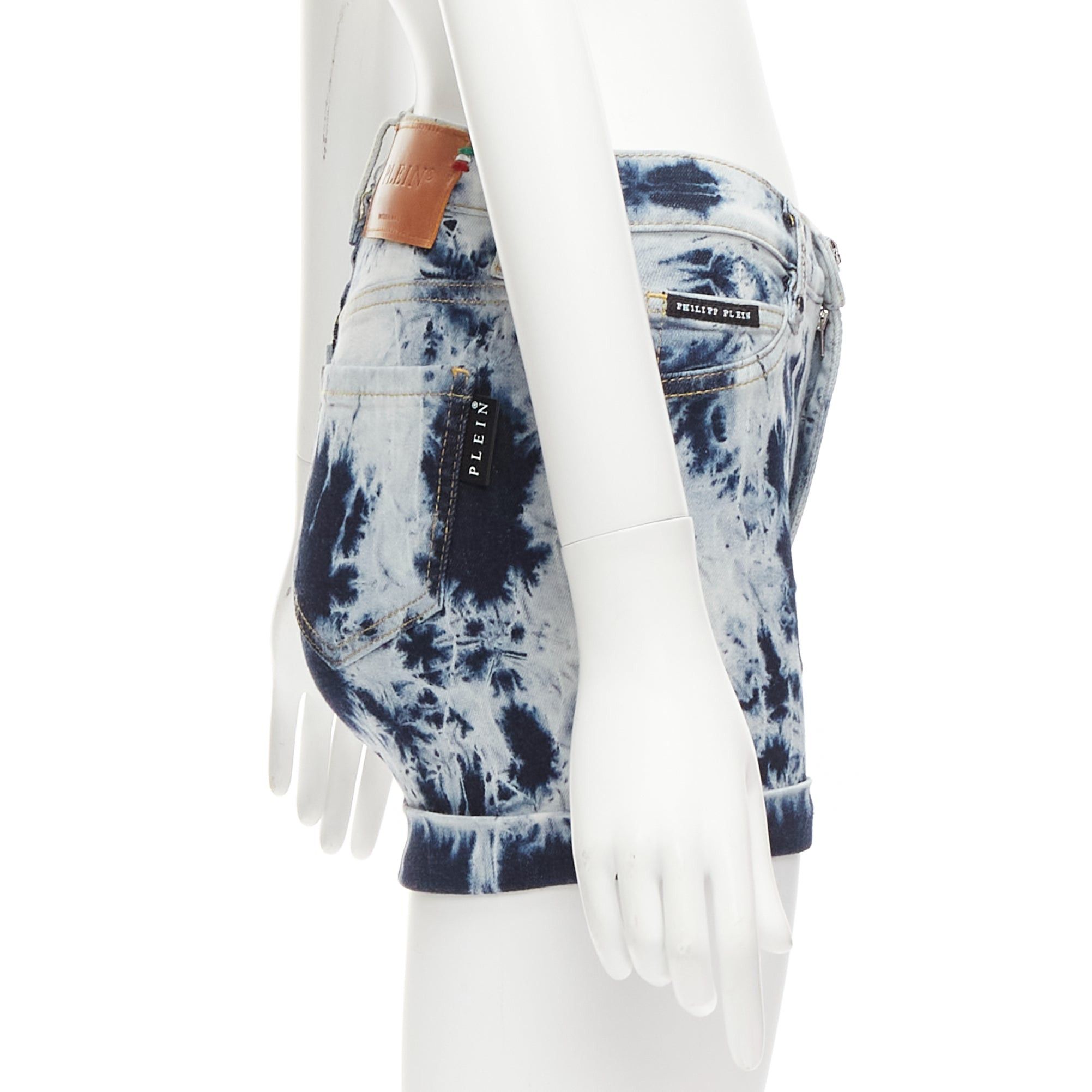 Philipp Plein PHILLIP PLEIN High Waist Hot Pants blue tie dye washed cuffed shorts 25" Size 26" / US 2 / IT 38 - 4 Thumbnail
