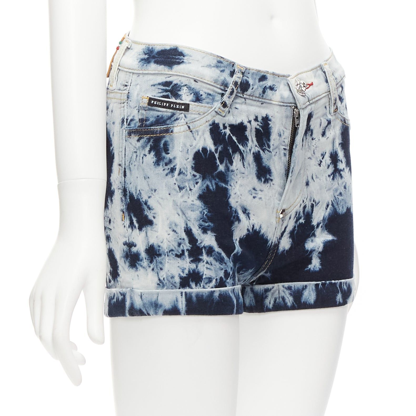 Philipp Plein PHILLIP PLEIN High Waist Hot Pants blue tie dye washed cuffed shorts 25" Size 26" / US 2 / IT 38 - 3 Thumbnail