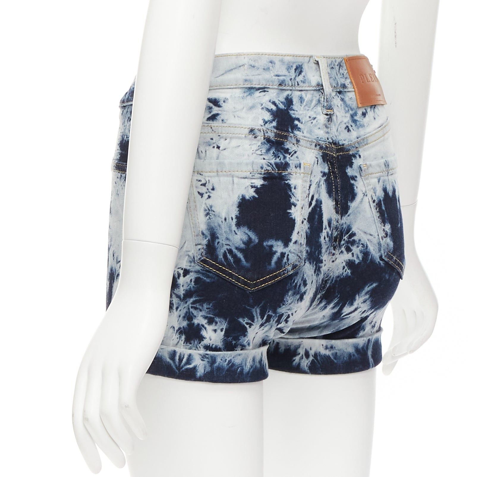 Philipp Plein PHILLIP PLEIN High Waist Hot Pants blue tie dye washed cuffed shorts 25" Size 26" / US 2 / IT 38 - 6 Thumbnail