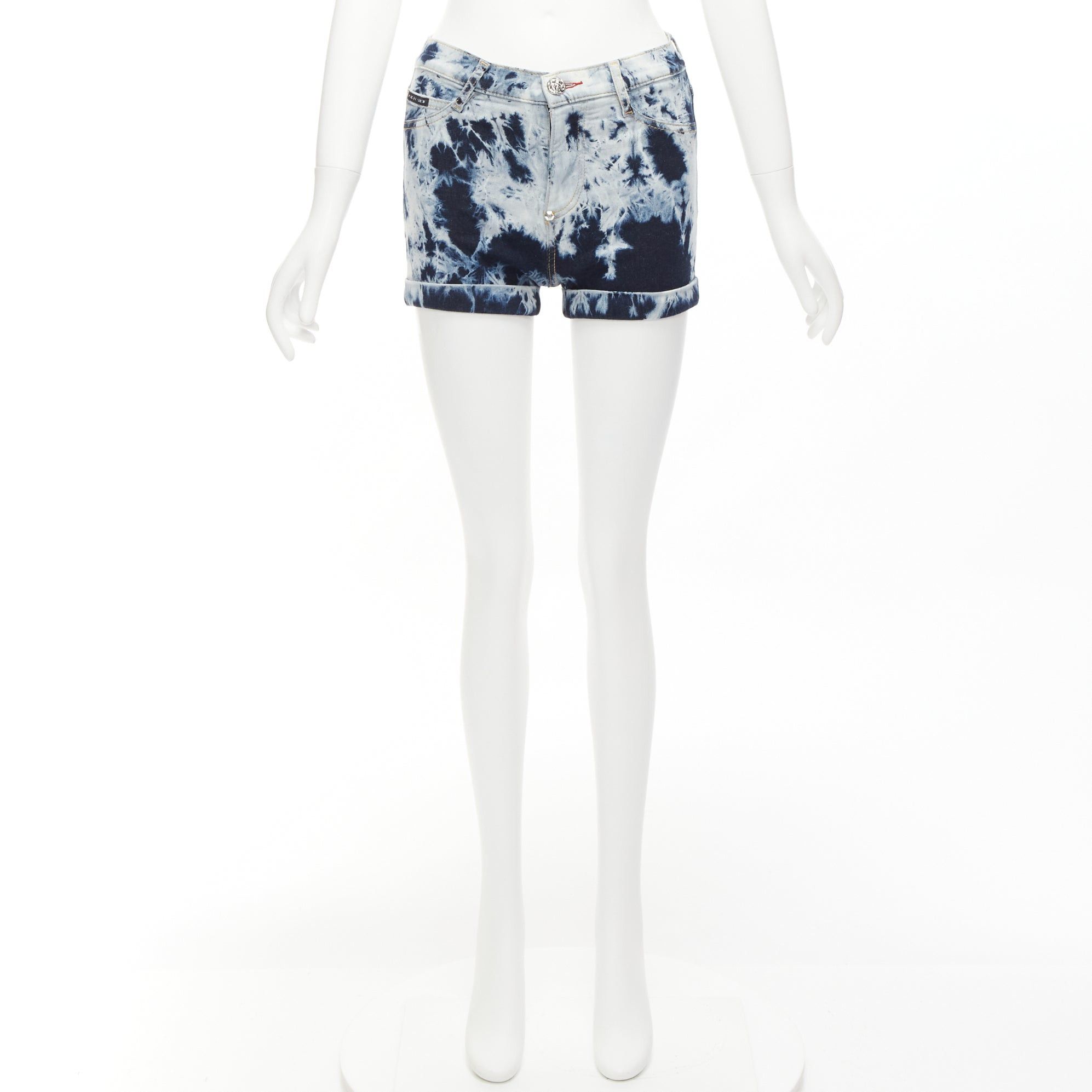 Philipp Plein PHILLIP PLEIN High Waist Hot Pants blue tie dye washed cuffed shorts 25" Size 26" / US 2 / IT 38 - 2 Thumbnail