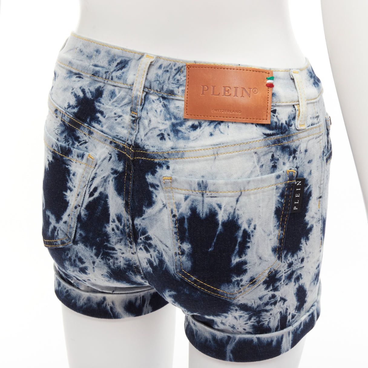 Philipp Plein PHILLIP PLEIN High Waist Hot Pants blue tie dye washed cuffed shorts 25" Size 26" / US 2 / IT 38 - 7 Thumbnail