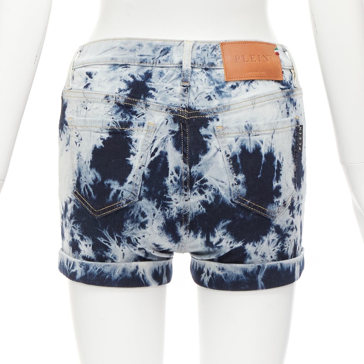 Philipp Plein PHILLIP PLEIN High Waist Hot Pants blue tie dye washed cuffed shorts 25" Size 26" / US 2 / IT 38 - 5 Thumbnail