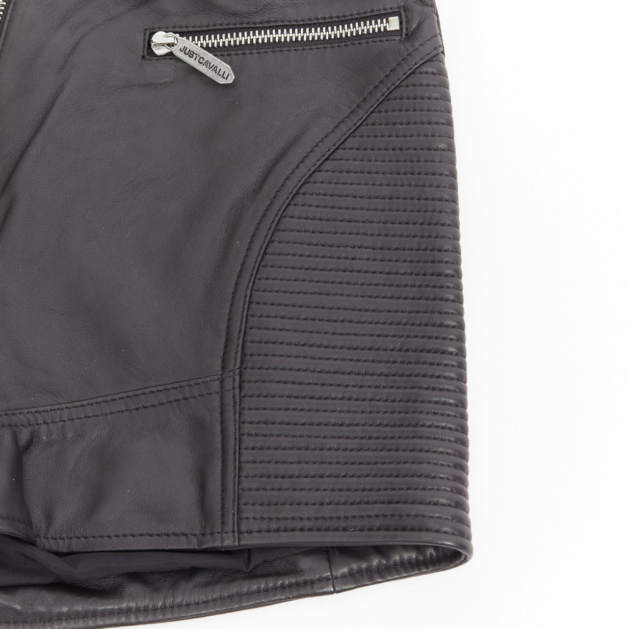 Just Cavalli JUST CAVALLI black genuine leather silver zip motorcycle ribbed shorts IT38 XS Size 26" / US 2 / IT 38 - 4 Thumbnail
