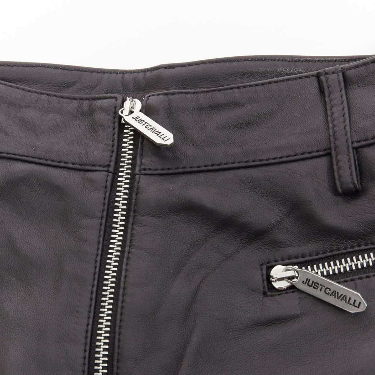 Just Cavalli JUST CAVALLI black genuine leather silver zip motorcycle ribbed shorts IT38 XS Size 26" / US 2 / IT 38 - 3 Thumbnail