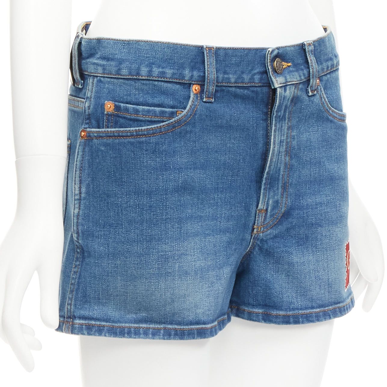 Gucci GUCCI blue cotton blend red GG logo patch wide leg mid rise shorts 24" Size 24" / US 00 / IT 34 - 3 Thumbnail
