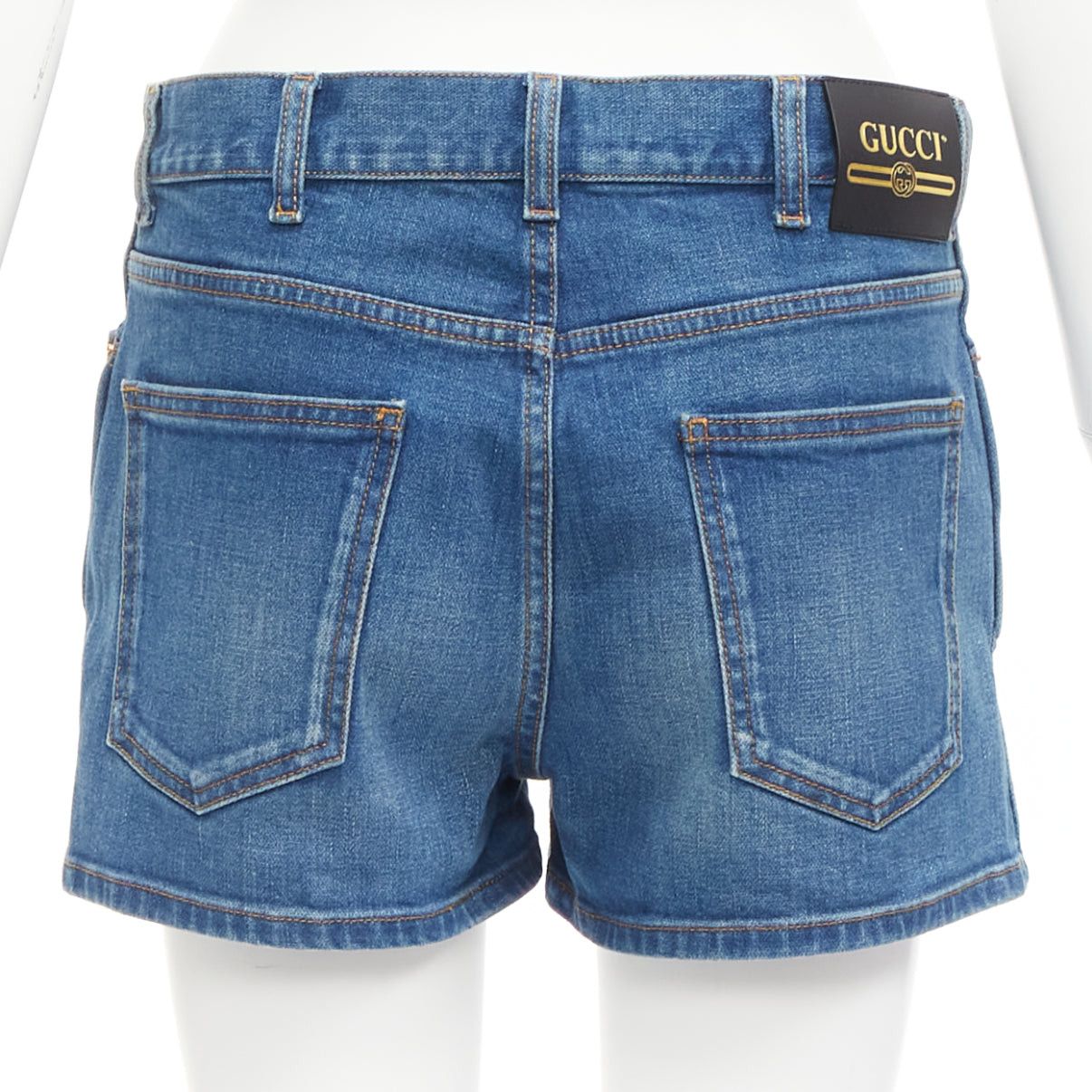 Gucci GUCCI blue cotton blend red GG logo patch wide leg mid rise shorts 24" Size 24" / US 00 / IT 34 - 5 Thumbnail