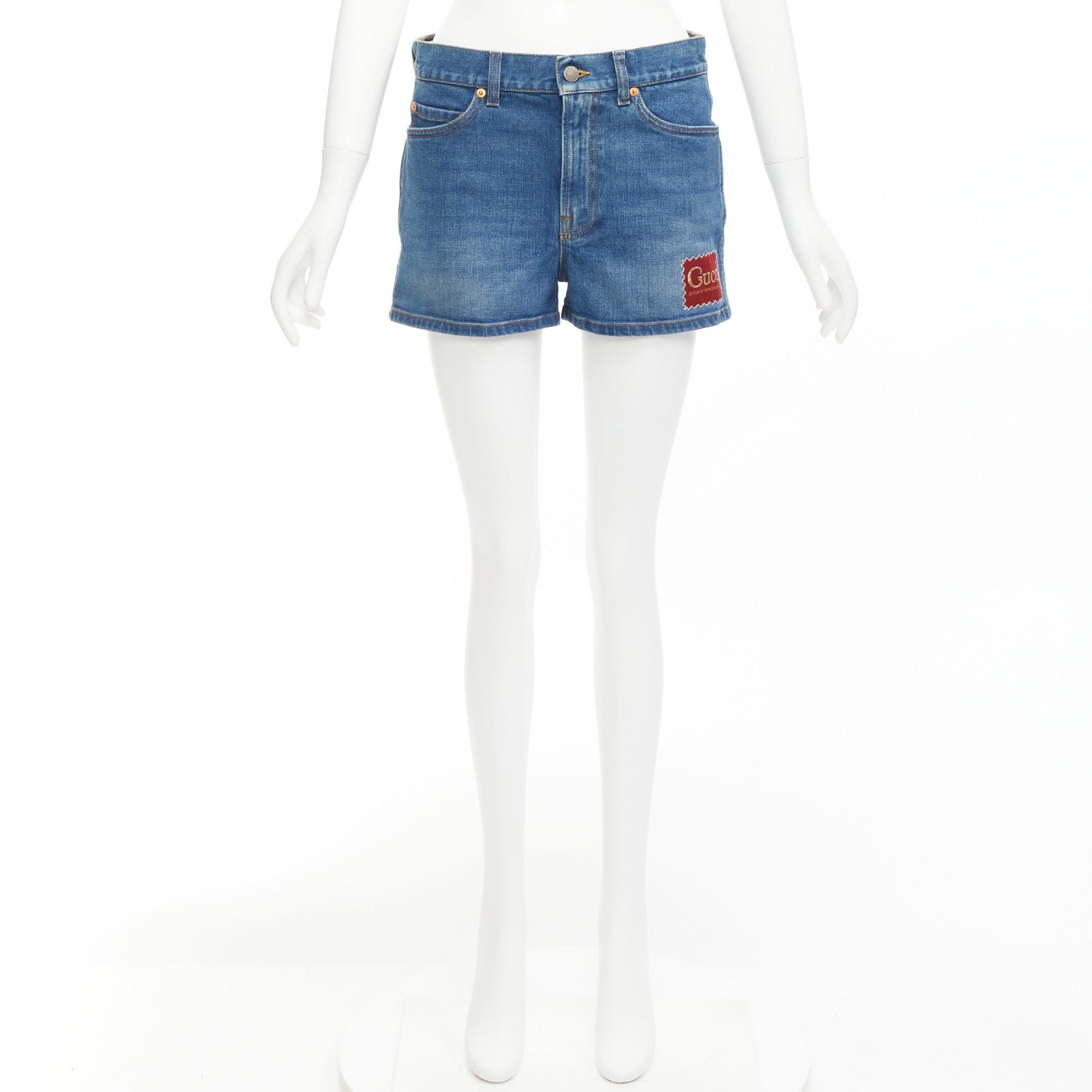 Gucci GUCCI blue cotton blend red GG logo patch wide leg mid rise shorts 24" Size 24" / US 00 / IT 34 - 9 Thumbnail