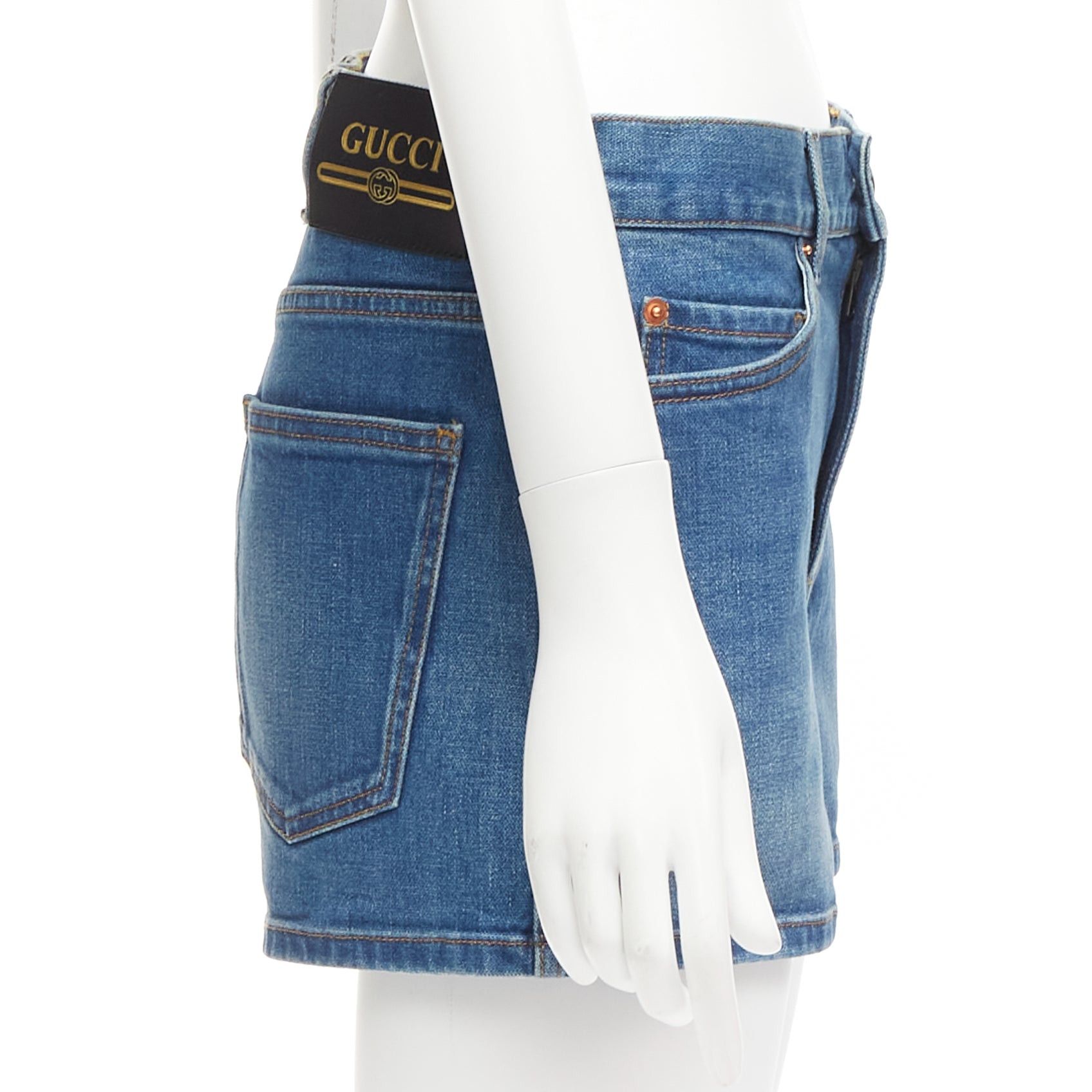 Gucci GUCCI blue cotton blend red GG logo patch wide leg mid rise shorts 24" Size 24" / US 00 / IT 34 - 4 Thumbnail