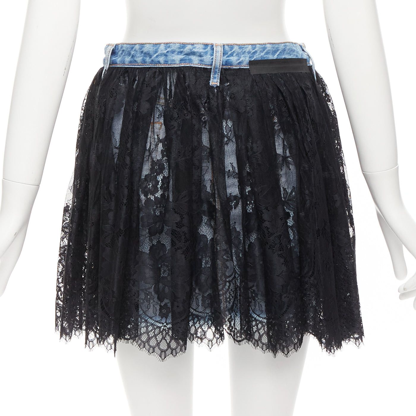 Unravel Project UNRAVEL PROJECT black floral lace ruffle blue denim inside out skirt 25" Size 26" / US 2 / IT 38 - 5 Thumbnail