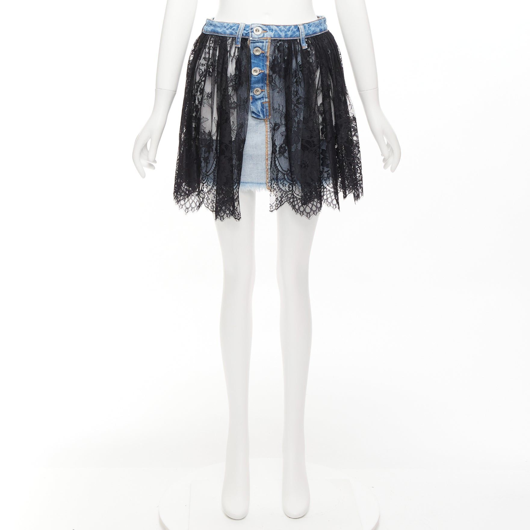 Unravel Project UNRAVEL PROJECT black floral lace ruffle blue denim inside out skirt 25" Size 26" / US 2 / IT 38 - 9 Thumbnail