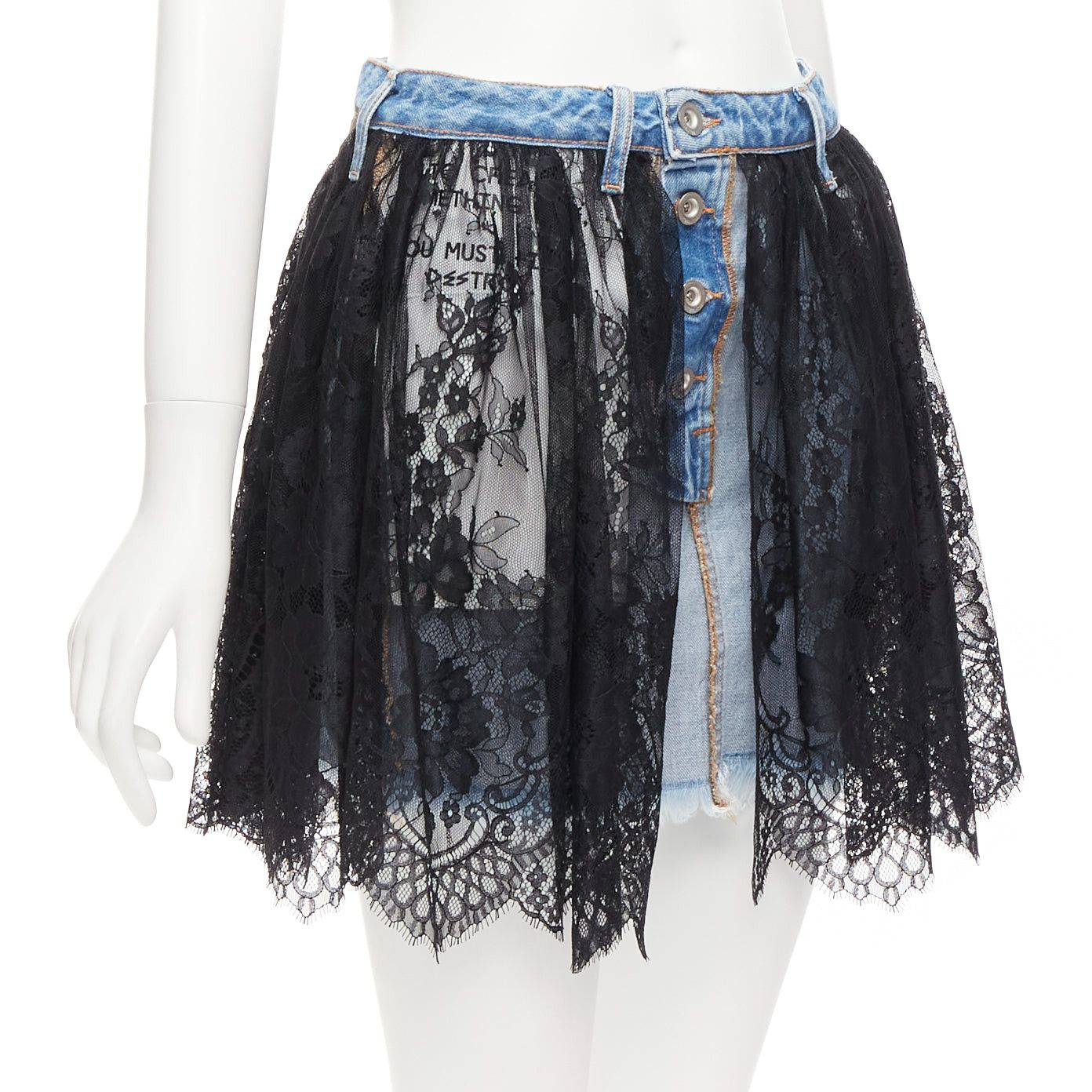 Unravel Project UNRAVEL PROJECT black floral lace ruffle blue denim inside out skirt 25" Size 26" / US 2 / IT 38 - 3 Thumbnail