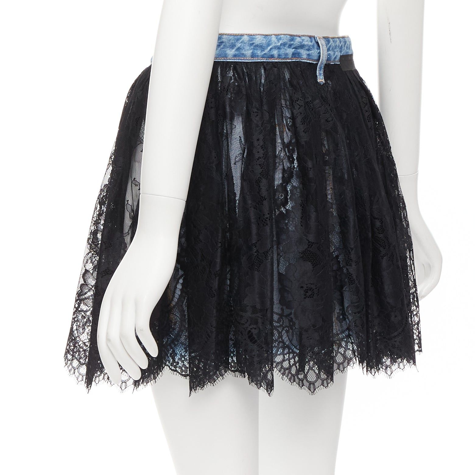 Unravel Project UNRAVEL PROJECT black floral lace ruffle blue denim inside out skirt 25" Size 26" / US 2 / IT 38 - 6 Thumbnail