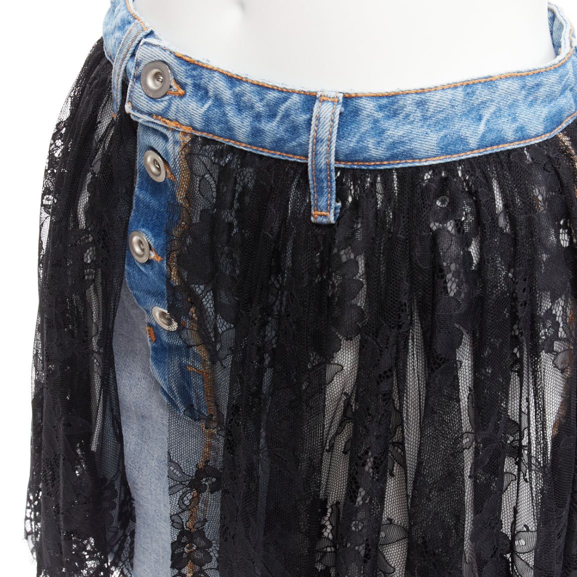 Unravel Project UNRAVEL PROJECT black floral lace ruffle blue denim inside out skirt 25" Size 26" / US 2 / IT 38 - 7 Thumbnail