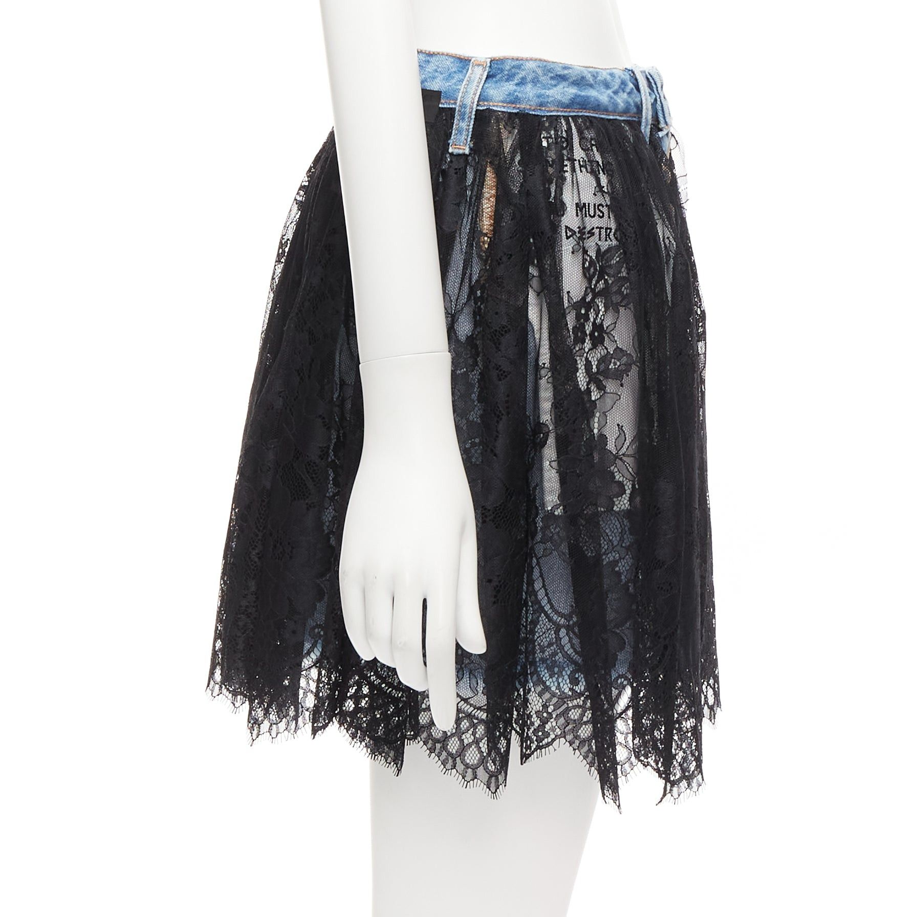 Unravel Project UNRAVEL PROJECT black floral lace ruffle blue denim inside out skirt 25" Size 26" / US 2 / IT 38 - 4 Thumbnail