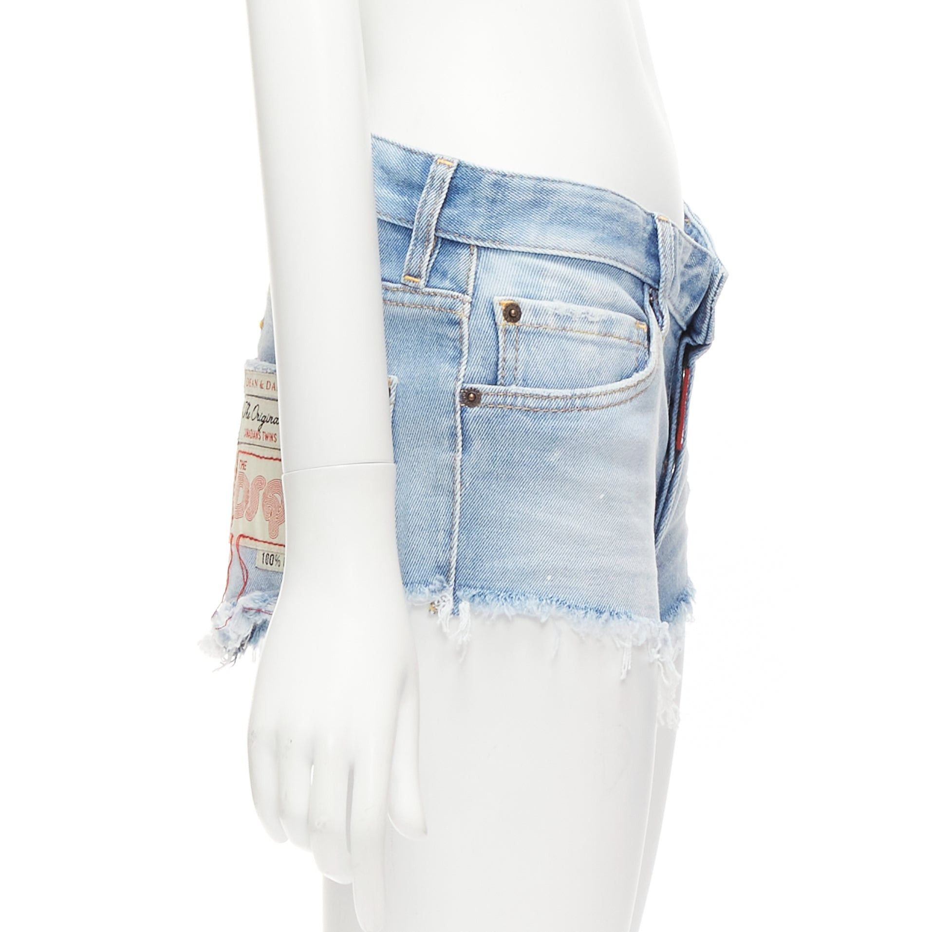 Dsquared2 DSQUARED blue washed distressed logo patch frayed cut off booty shorts IT38 XS Size 26" / US 2 / IT 38 - 5 Thumbnail