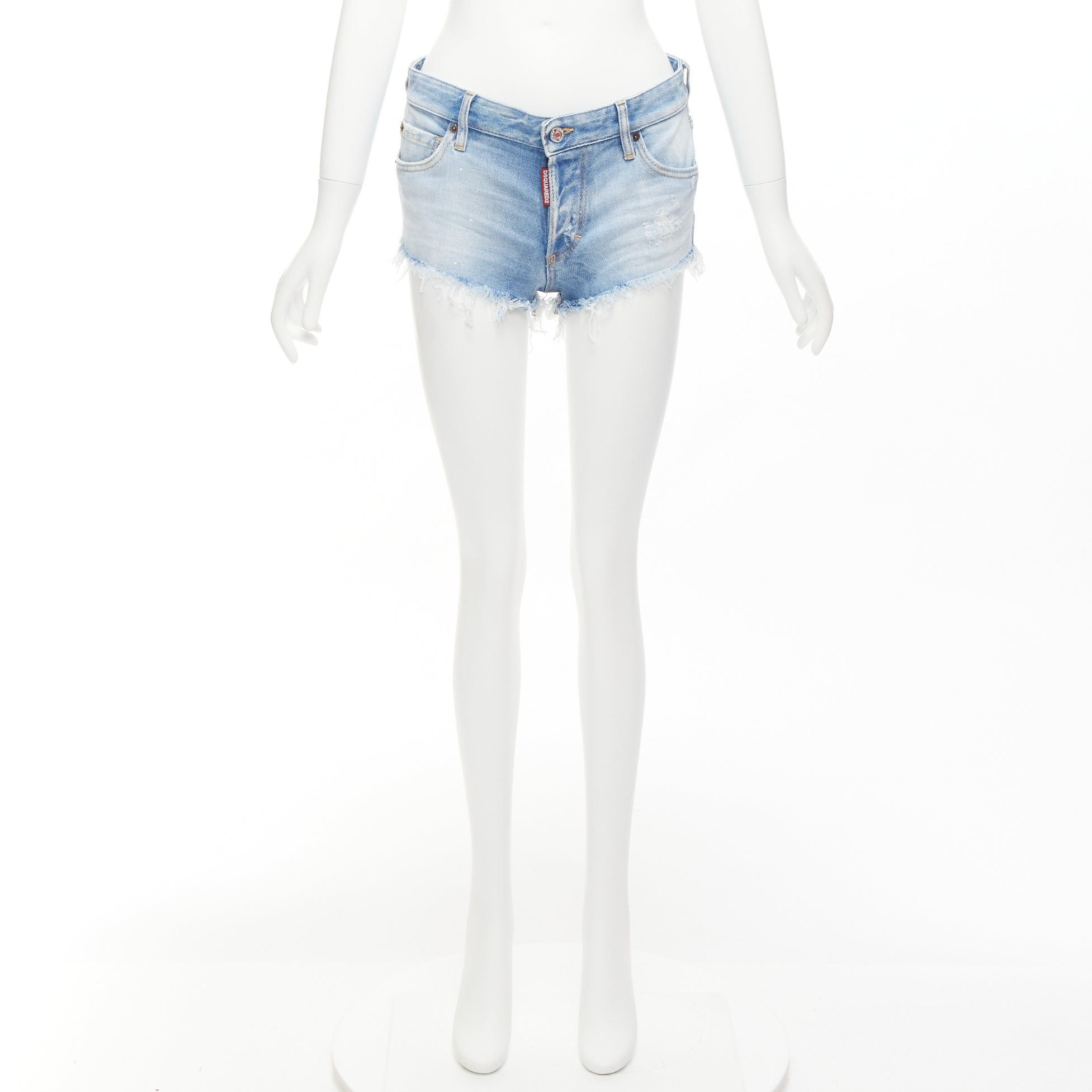 Dsquared2 DSQUARED blue washed distressed logo patch frayed cut off booty shorts IT38 XS Size 26" / US 2 / IT 38 - 9 Thumbnail