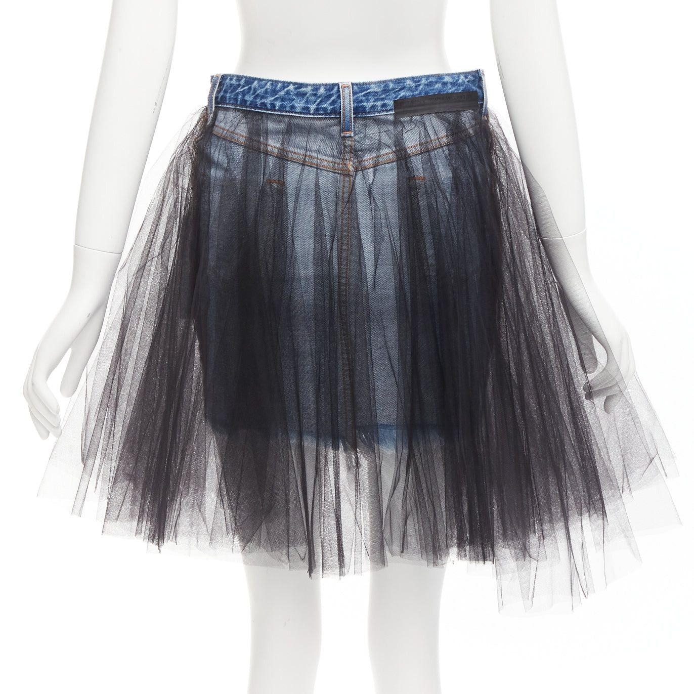Unravel Project UNRAVEL PROJECT black ruffle tulle overlay blue inside out denim skirt 25" Size 26" / US 2 / IT 38 - 5 Thumbnail