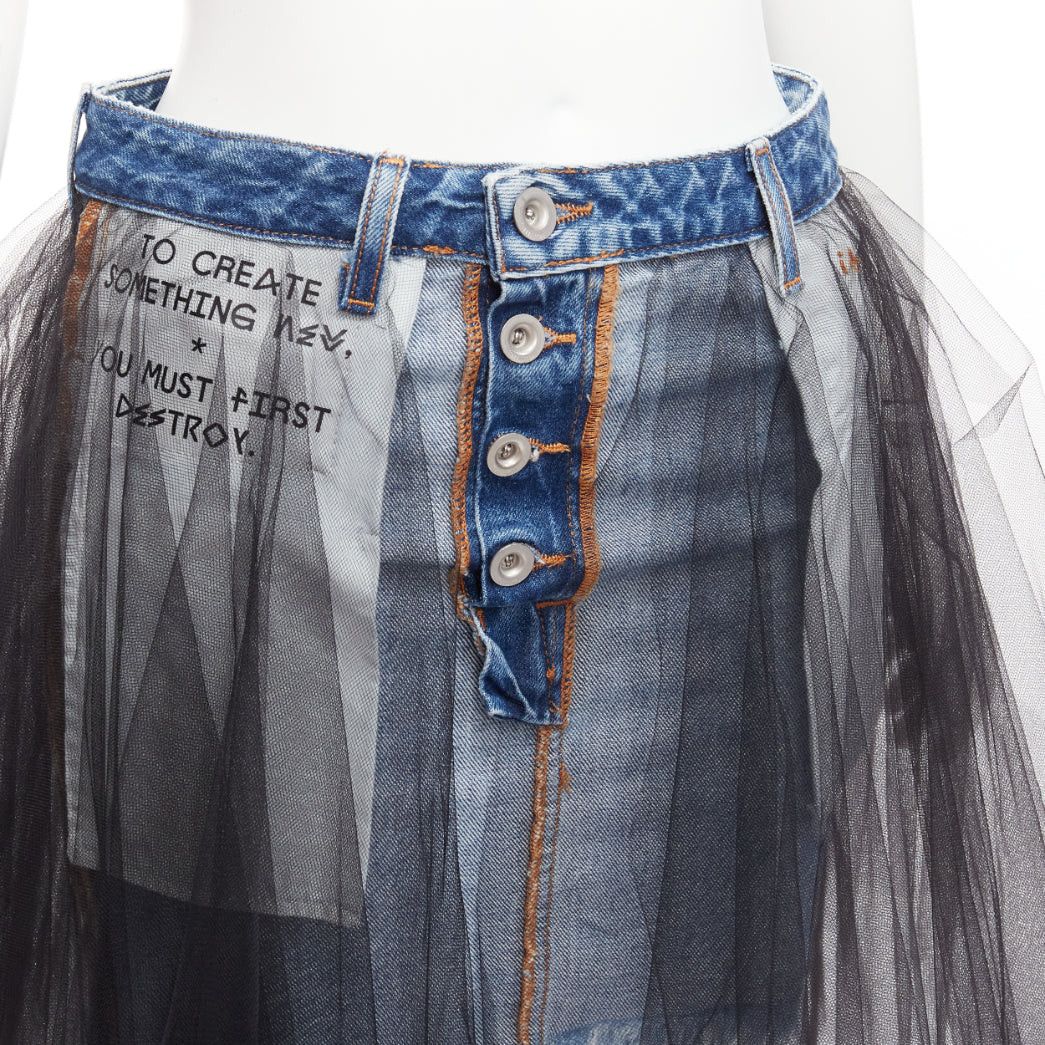 Unravel Project UNRAVEL PROJECT black ruffle tulle overlay blue inside out denim skirt 25" Size 26" / US 2 / IT 38 - 2 Thumbnail