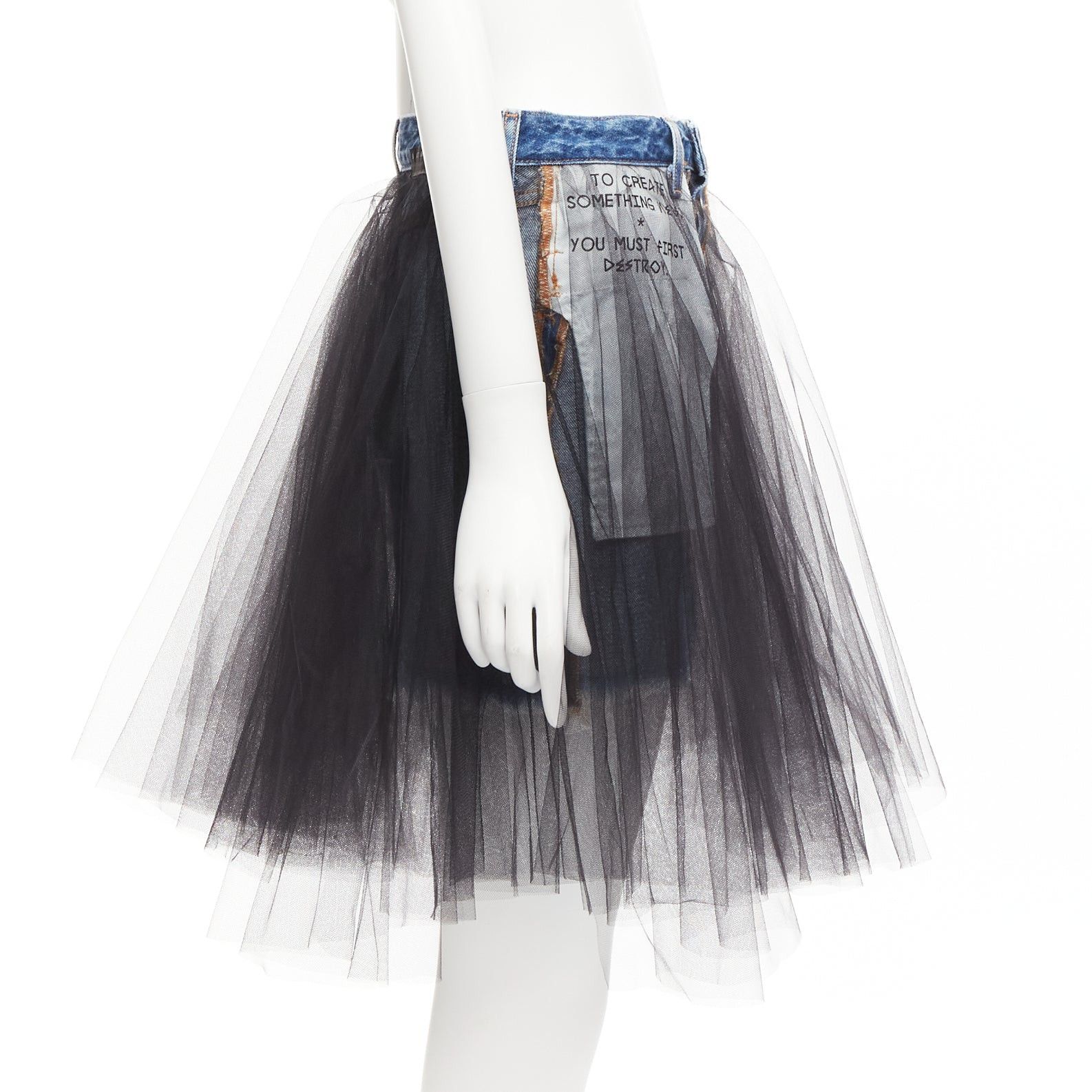 Unravel Project UNRAVEL PROJECT black ruffle tulle overlay blue inside out denim skirt 25" Size 26" / US 2 / IT 38 - 4 Thumbnail