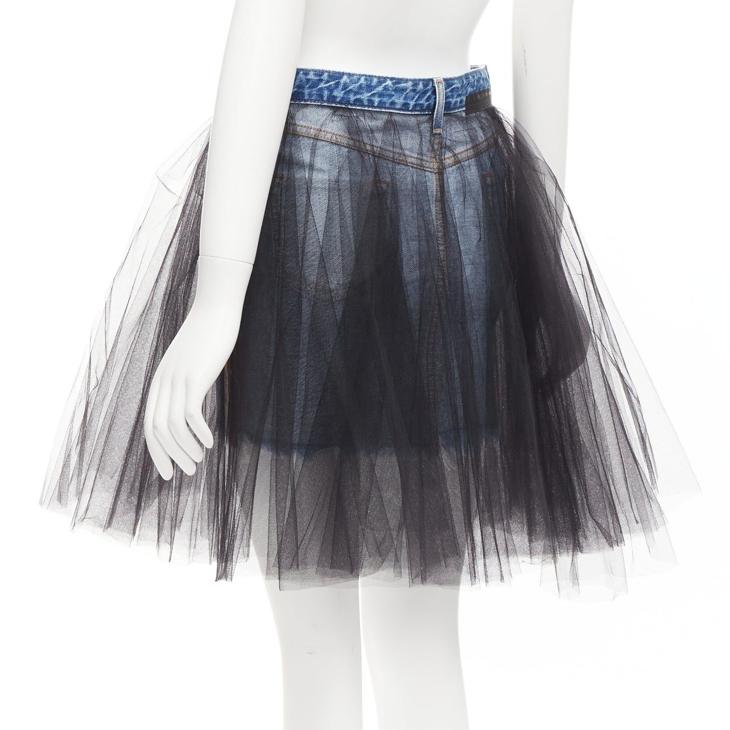 Unravel Project UNRAVEL PROJECT black ruffle tulle overlay blue inside out denim skirt 25" Size 26" / US 2 / IT 38 - 6 Thumbnail