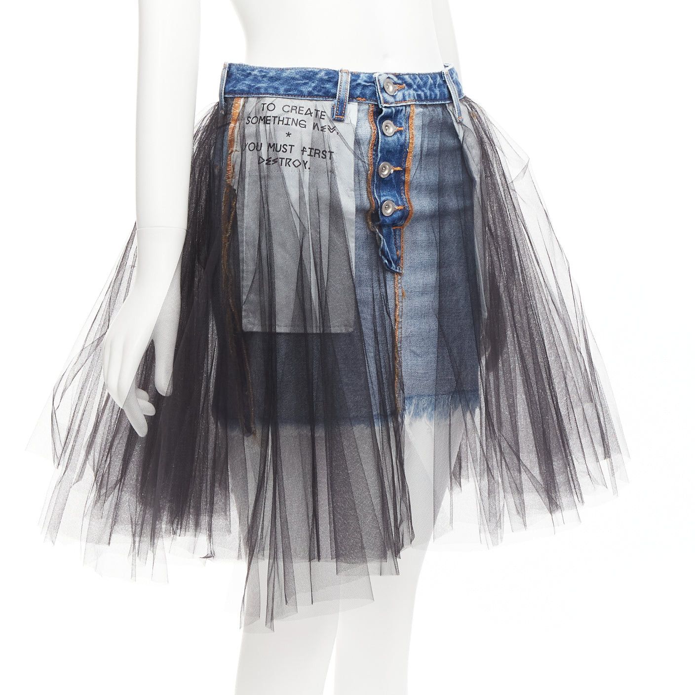 Unravel Project UNRAVEL PROJECT black ruffle tulle overlay blue inside out denim skirt 25" Size 26" / US 2 / IT 38 - 3 Thumbnail