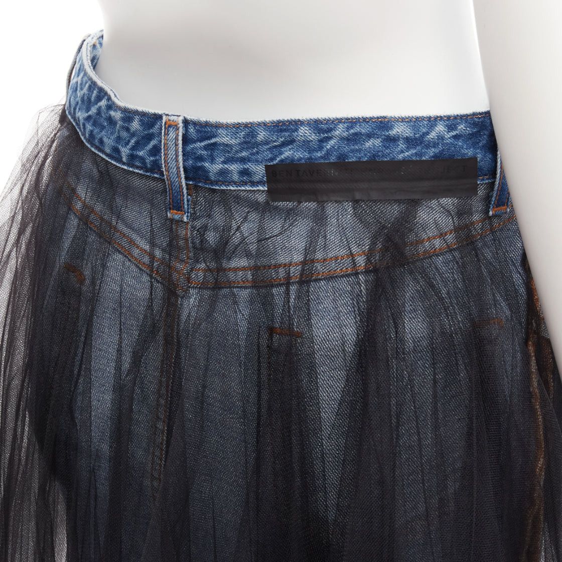 Unravel Project UNRAVEL PROJECT black ruffle tulle overlay blue inside out denim skirt 25" Size 26" / US 2 / IT 38 - 7 Thumbnail
