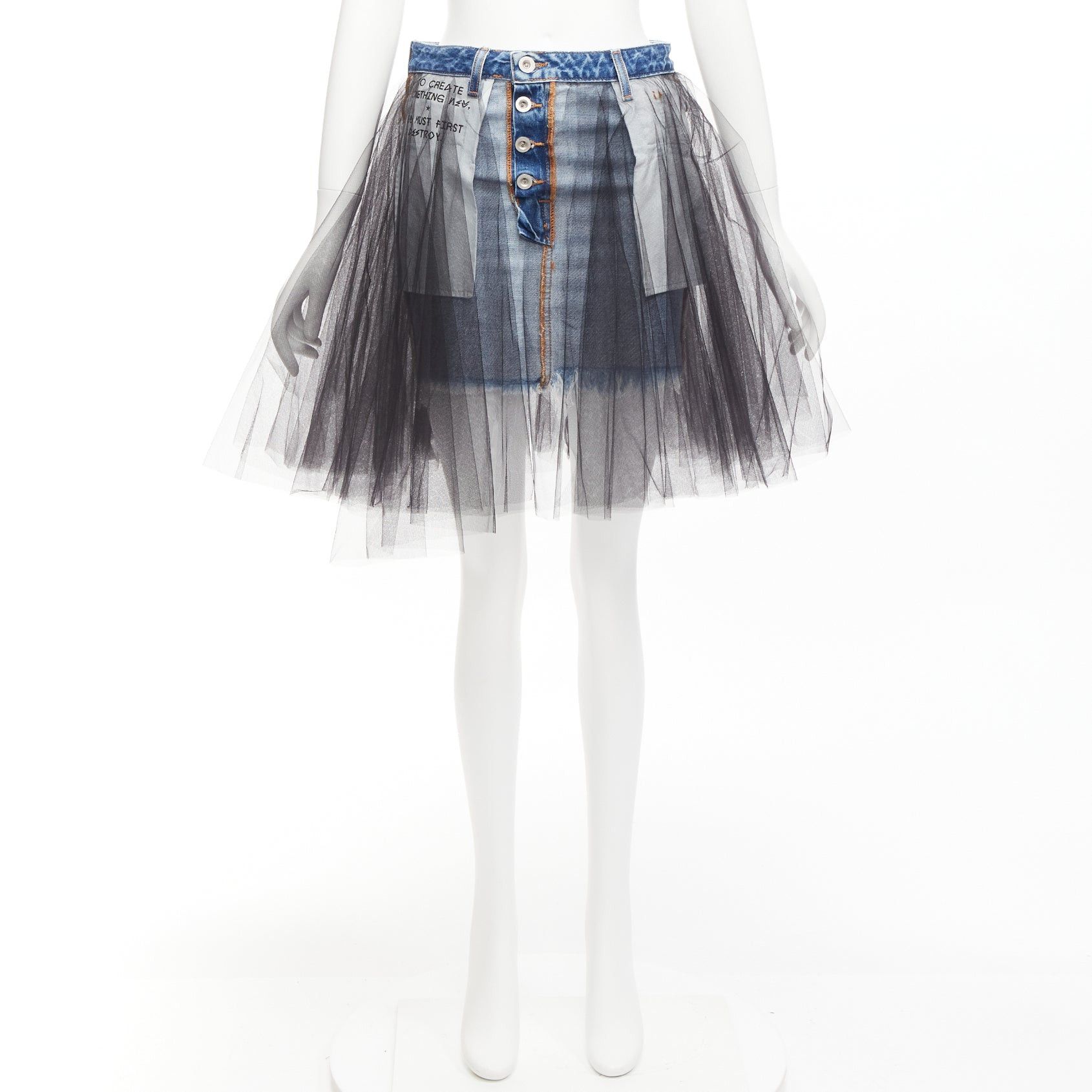 Unravel Project UNRAVEL PROJECT black ruffle tulle overlay blue inside out denim skirt 25" Size 26" / US 2 / IT 38 - 9 Thumbnail