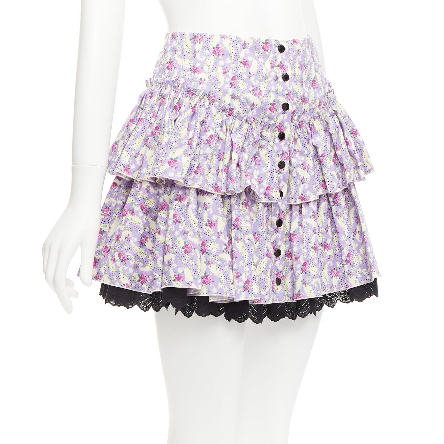 Marc Jacobs MARC JACOBS Mini Prairie Skirt purple floral print black lace trim tiered US0 XS Size 26" / US 2 / IT 38 - 3 Thumbnail